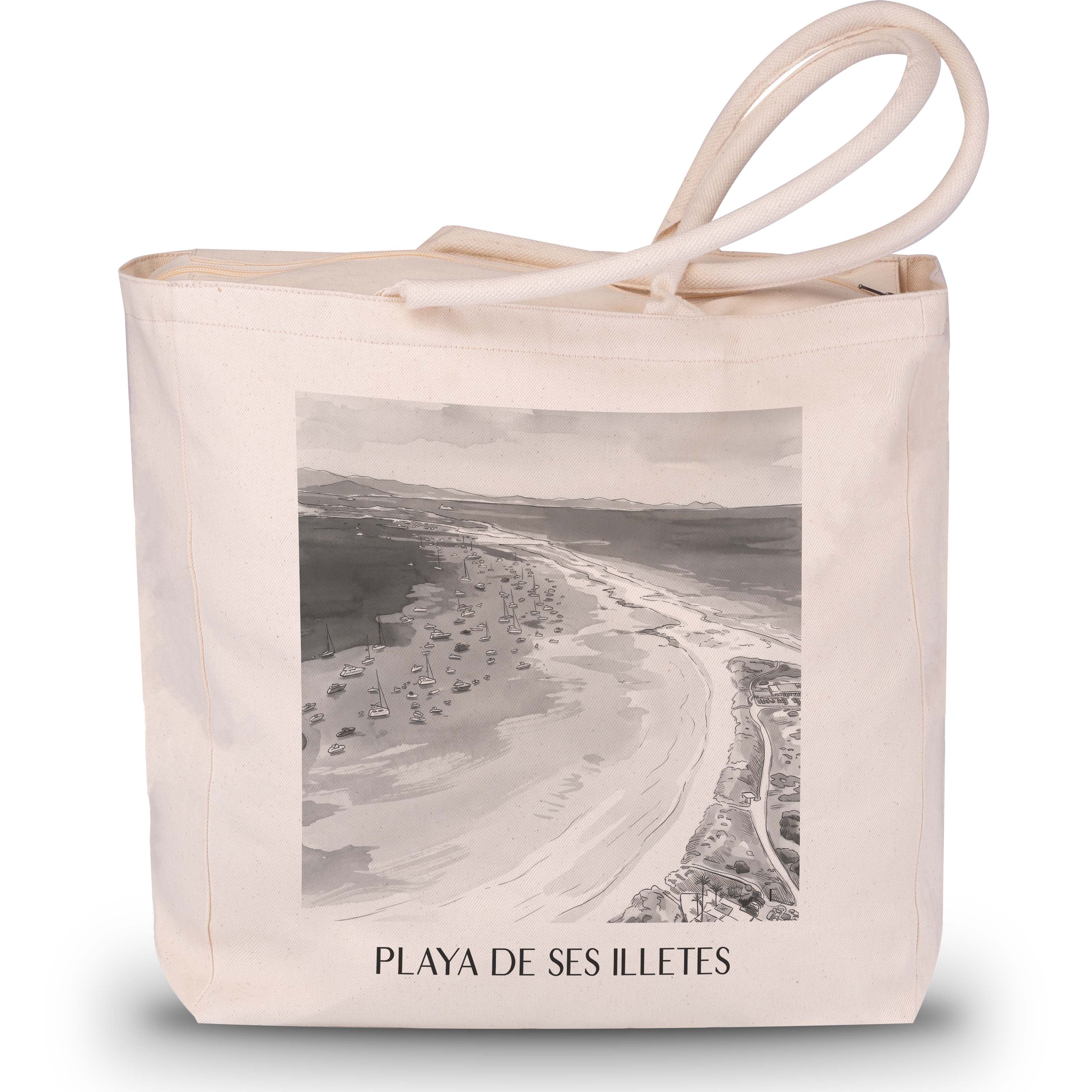 playa-de-ses-illetes-formentera-spanien-einkaufstasche-aquarell-schwarz-weiss