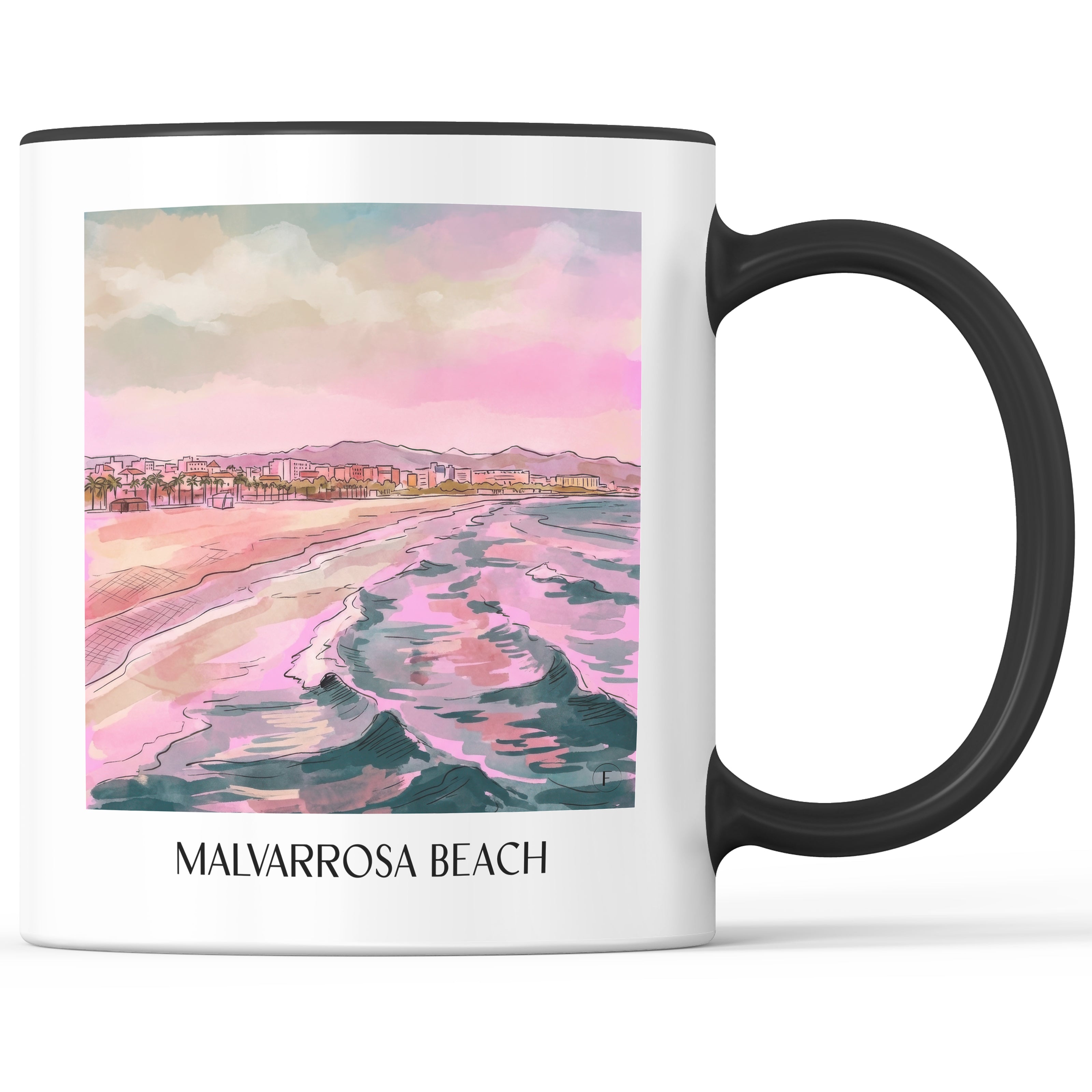 Playa de la Malvarrosa Kaffeebecher - Valencia - Spanien Becher - Kaffeetasse im Aquarell Pink Stil - favplace