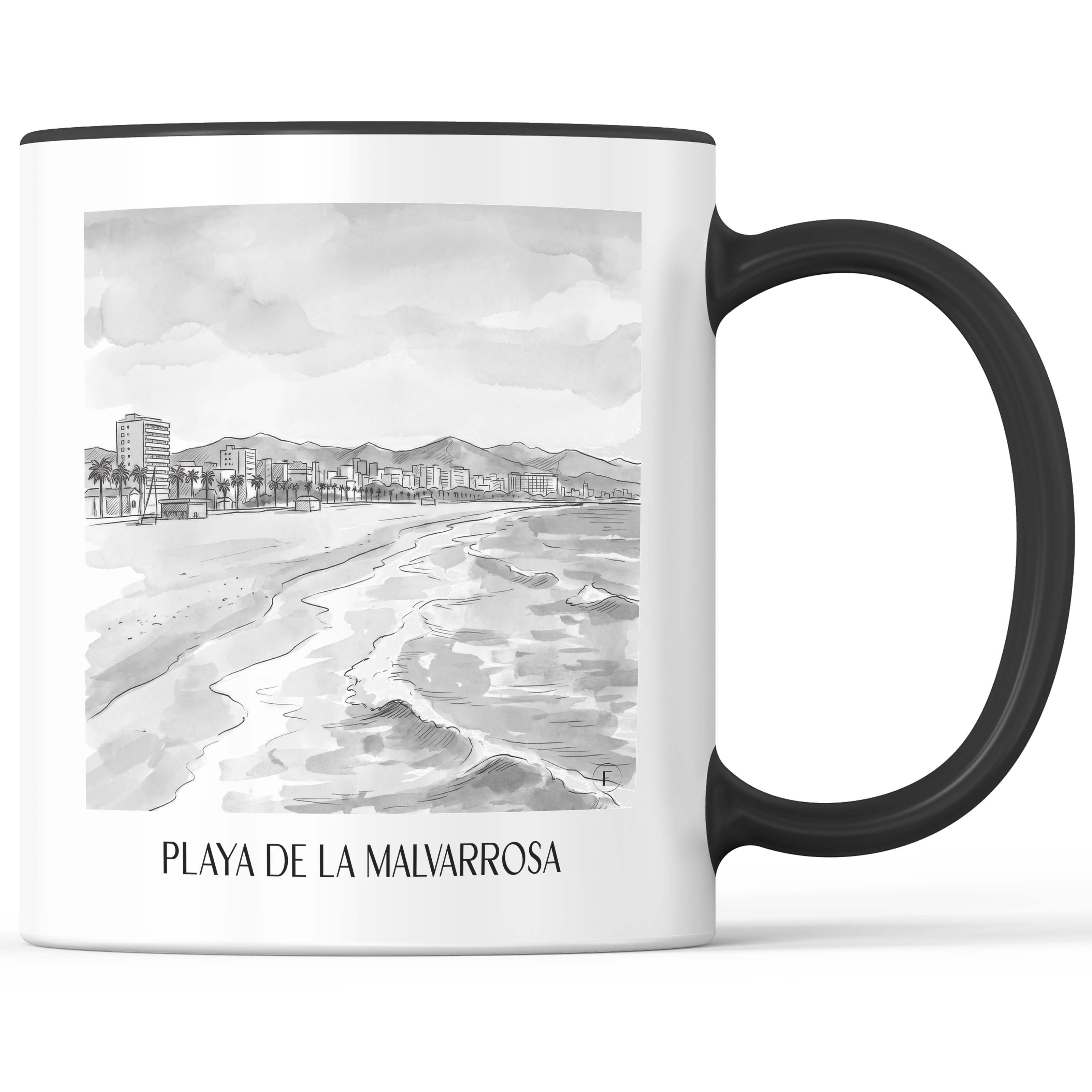 playa-de-la-malvarrosa-valencia-spanien-kaffeebecher-aquarell-schwarz-weiss