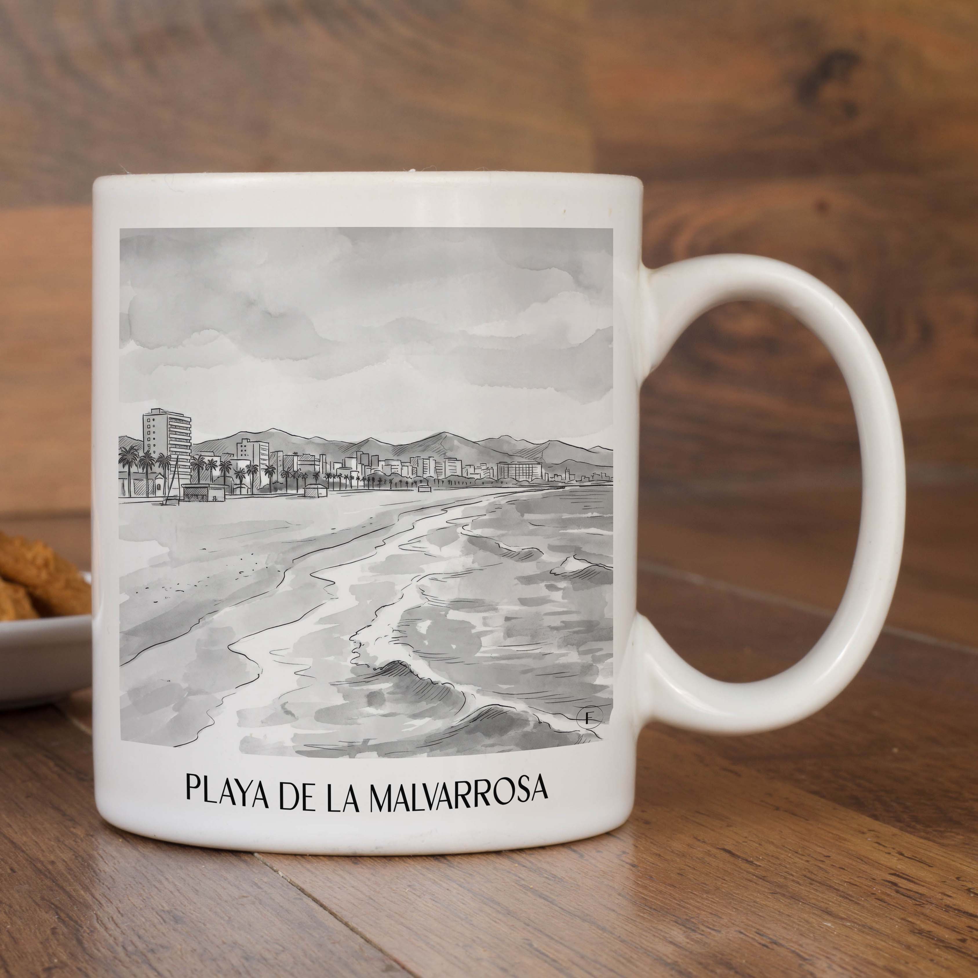 playa-de-la-malvarrosa-valencia-spanien-kaffeebecher-aquarell-schwarz-weiss