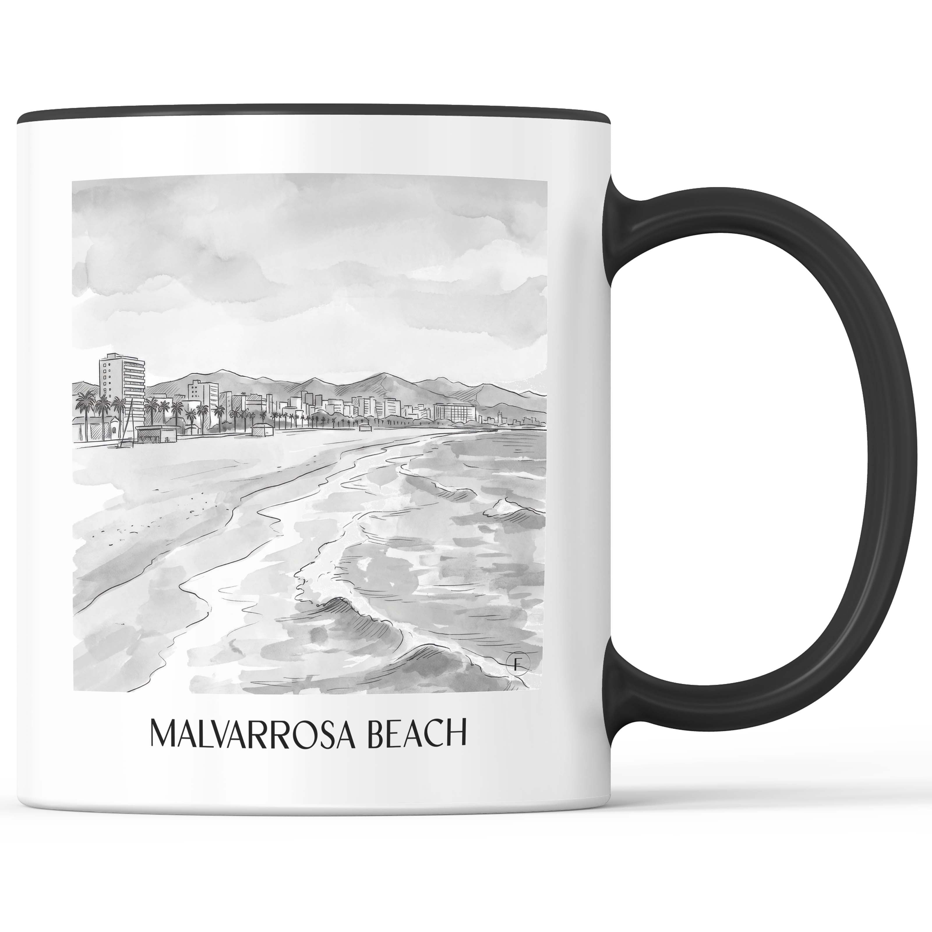 Playa de la Malvarrosa Kaffeebecher - Valencia - Spanien Becher - Kaffeetasse im Aquarell Schwarz-Weiß Stil - favplace