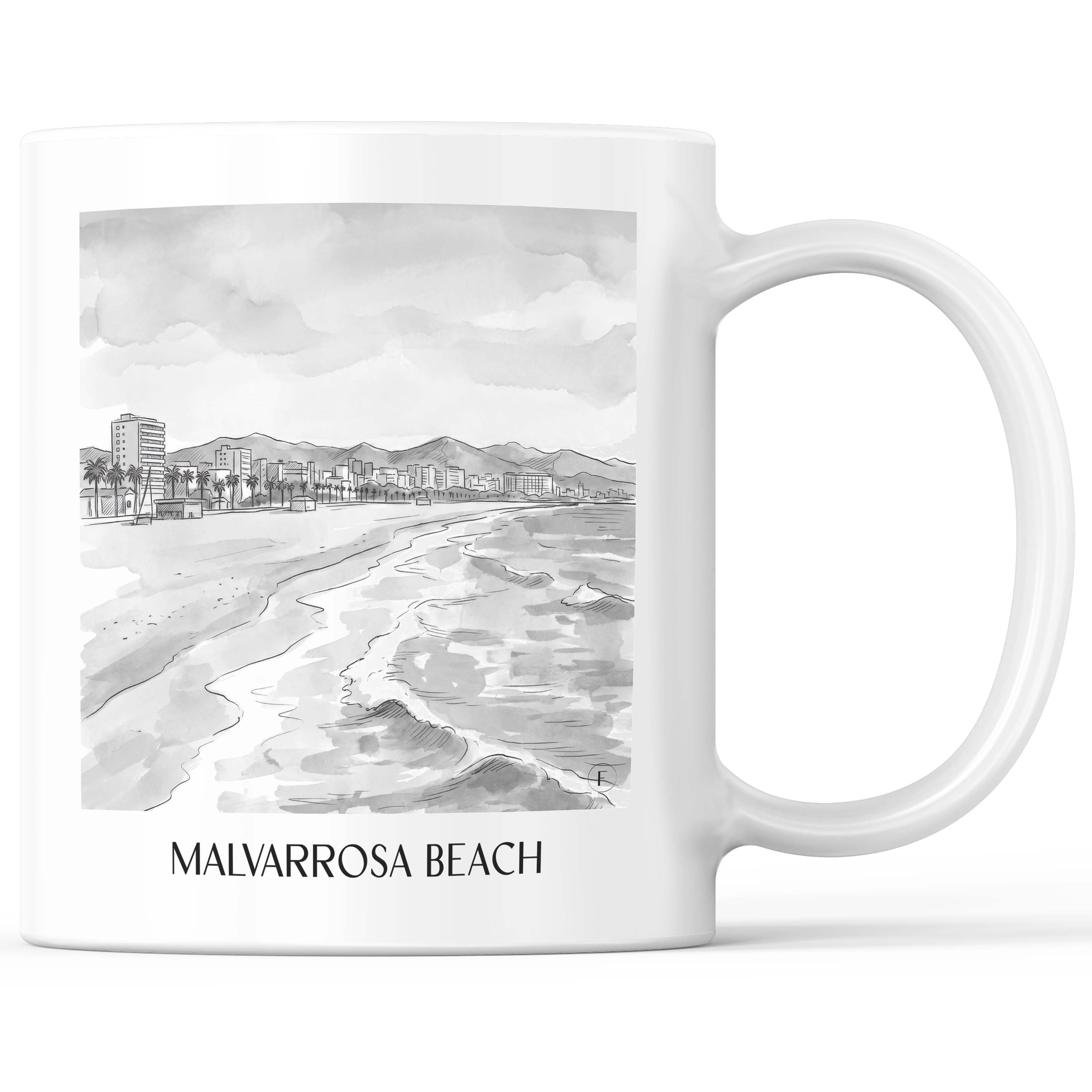 Playa de la Malvarrosa Kaffeebecher - Valencia - Spanien Becher - Kaffeetasse im Aquarell Schwarz-Weiß Stil - favplace
