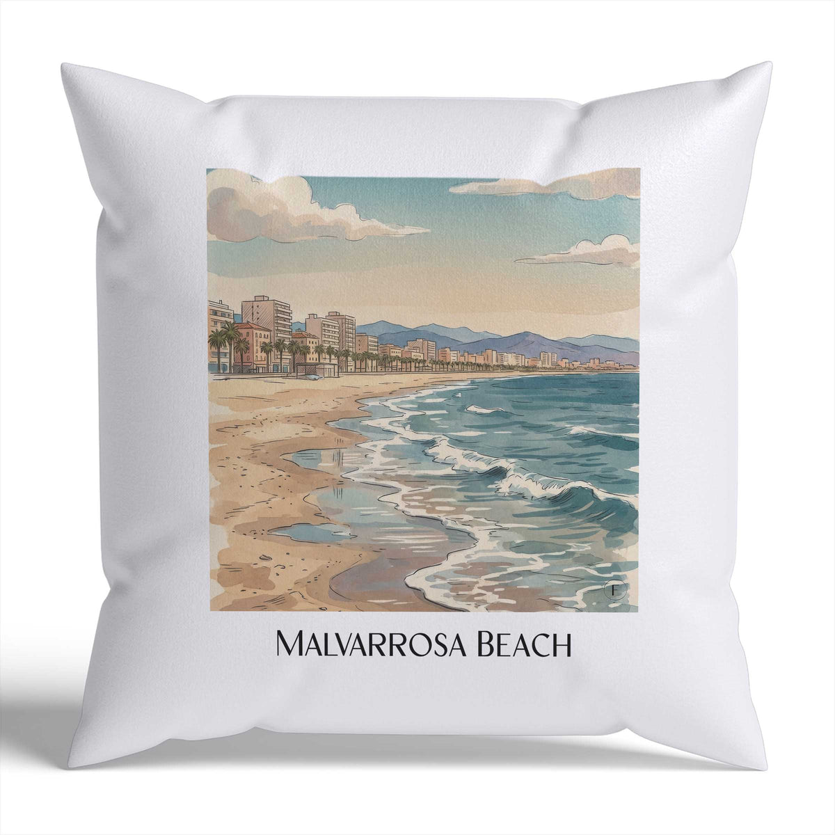 Playa de la Malvarrosa Kissenhülle - Zierkissen Bezug - Valencia - Spanien Kissen bzw. Kissenbezug im Aquarell Stil - favplace