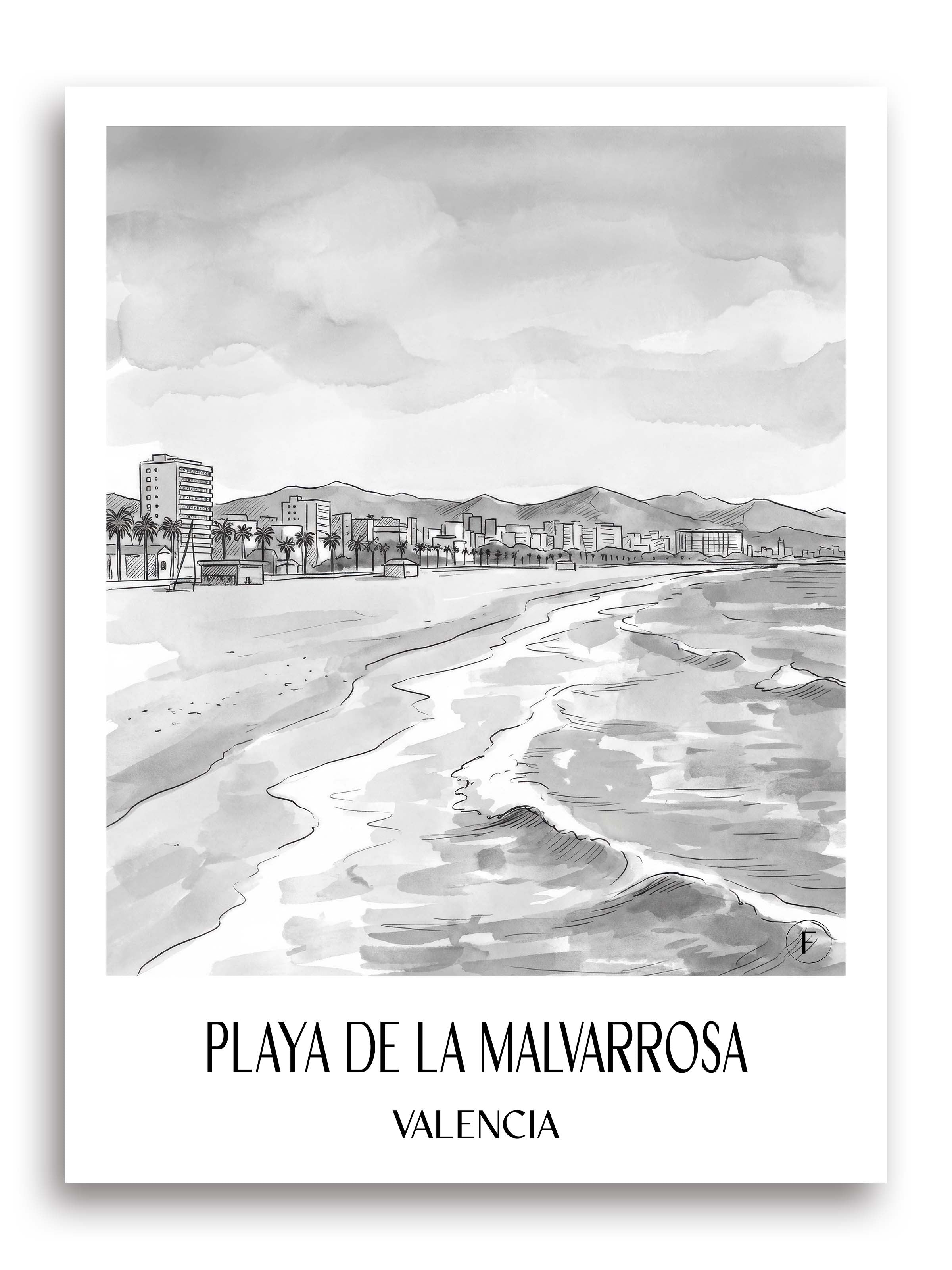 playa-de-la-malvarrosa-valencia-spanien-poster-aquarell-schwarz-weiss
