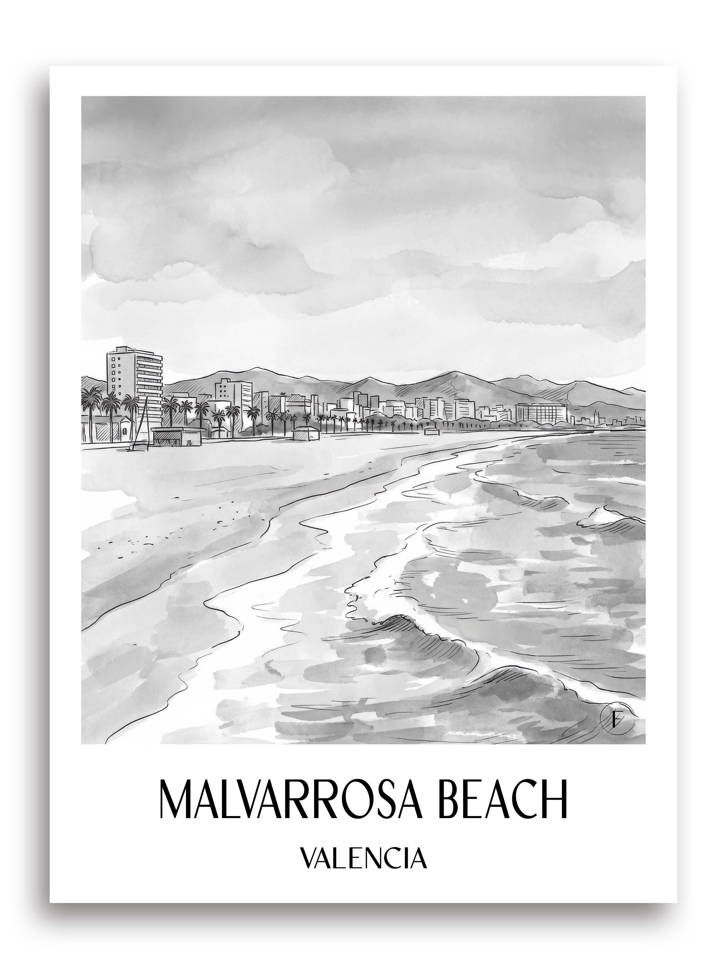 Playa de la Malvarrosa Poster - Valencia - Spanien Kunstdruck - Aquarell Schwarz-Weiß von A4 bis A1 - favplace