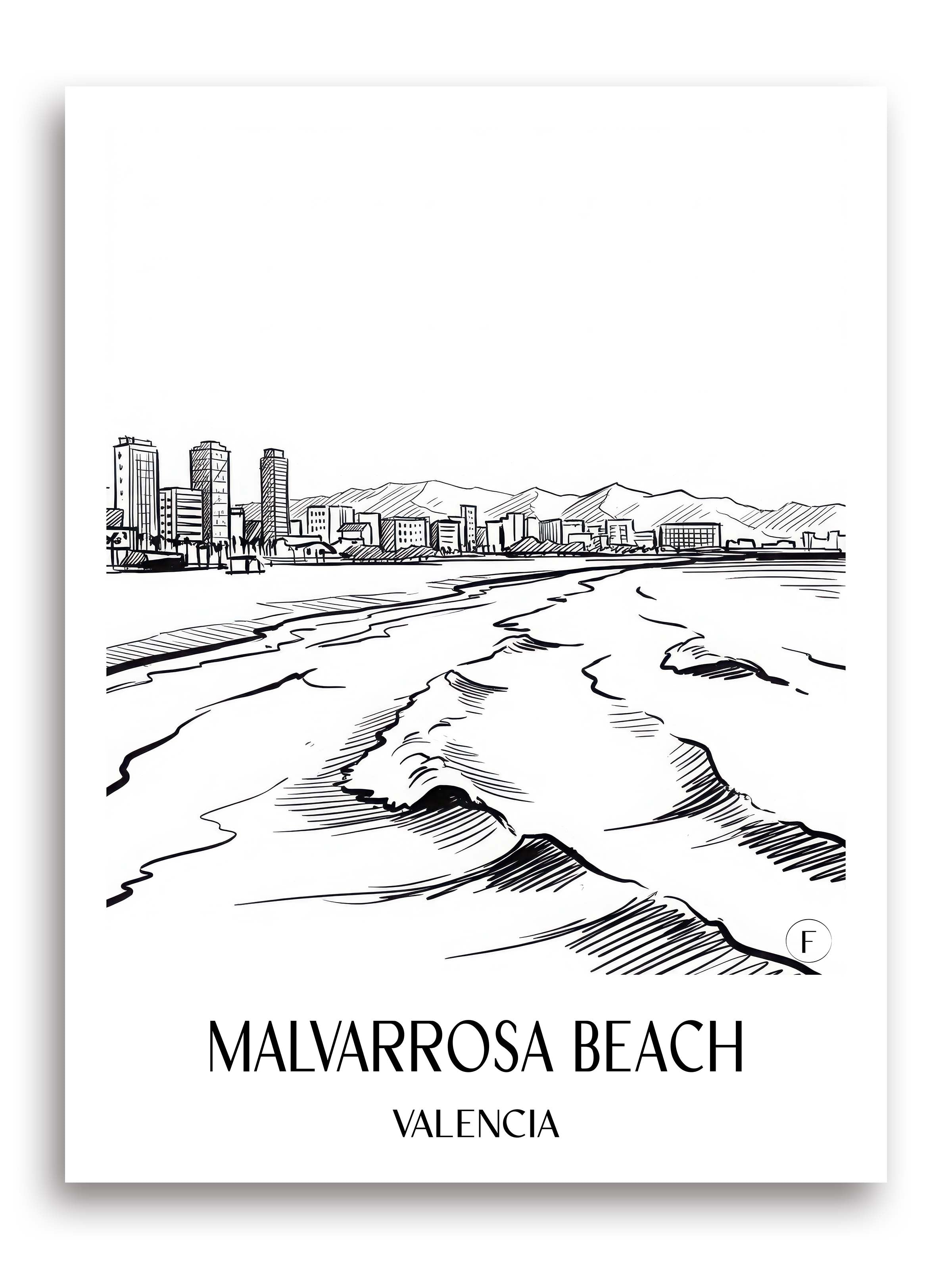 Playa de la Malvarrosa Poster - Valencia - Spanien Kunstdruck - Skizze von A4 bis A1 - favplace