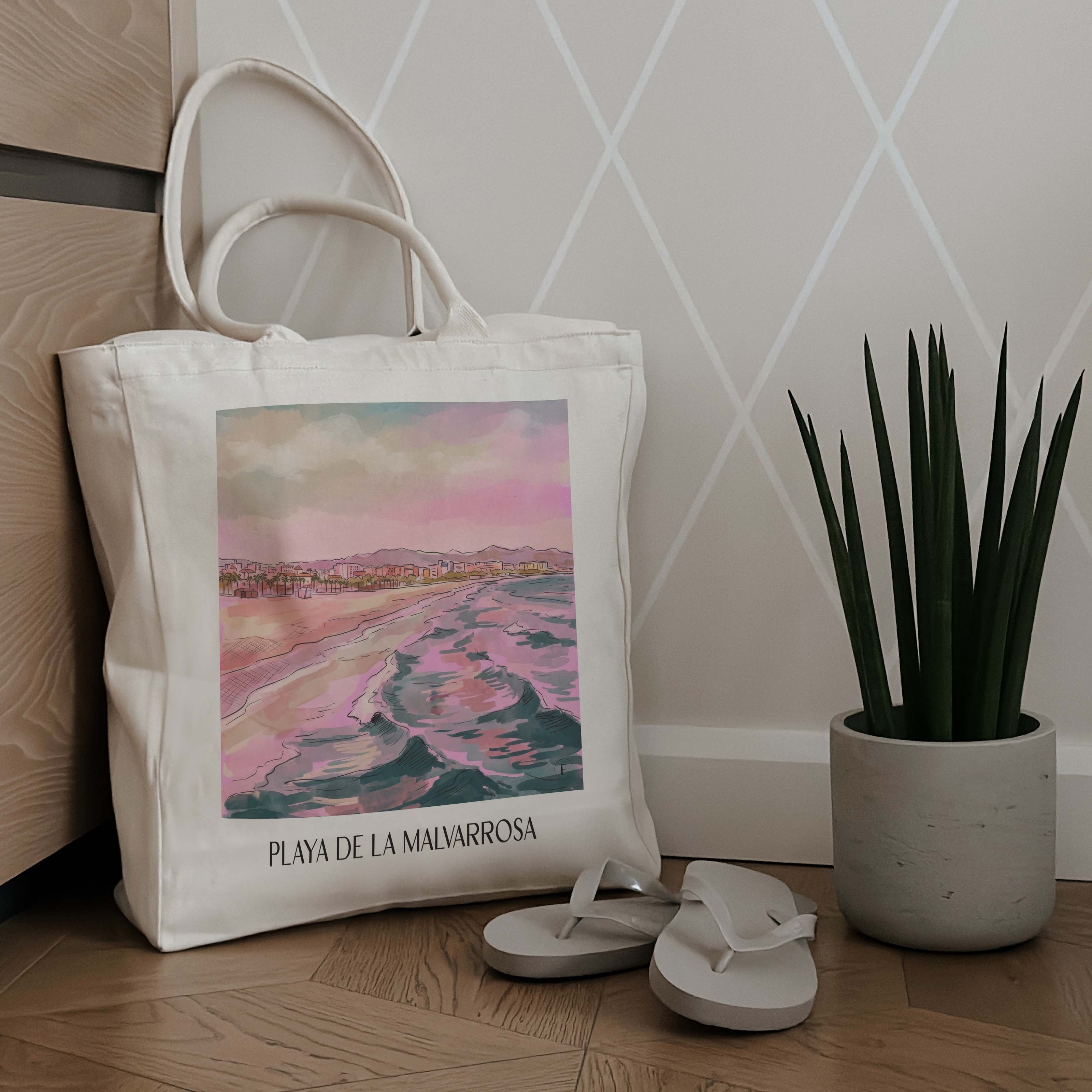 playa-de-la-malvarrosa-valencia-spanien-einkaufstasche-aquarell-pink-rosa