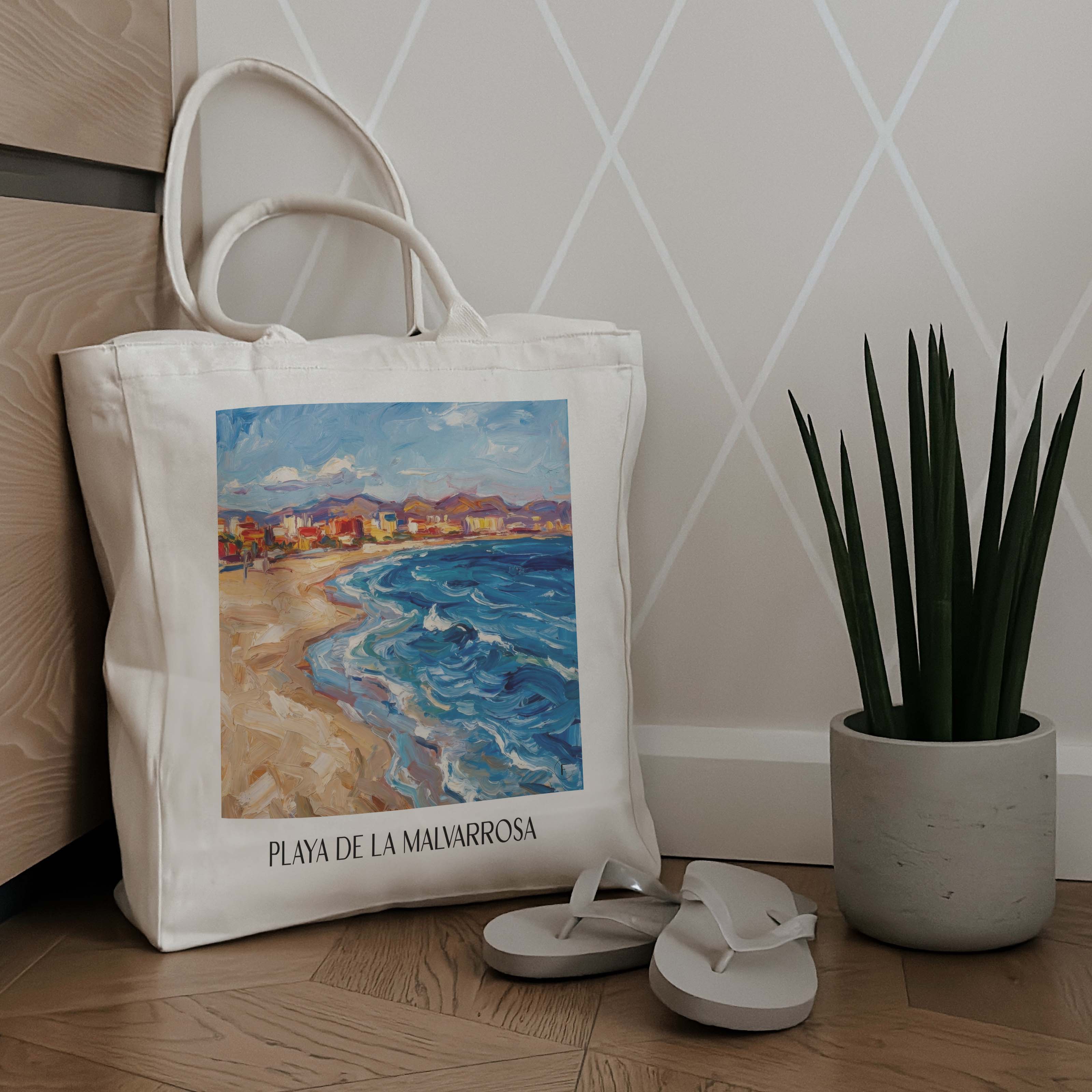 playa-de-la-malvarrosa-valencia-spanien-einkaufstasche-oil-painting-oelgemaelde