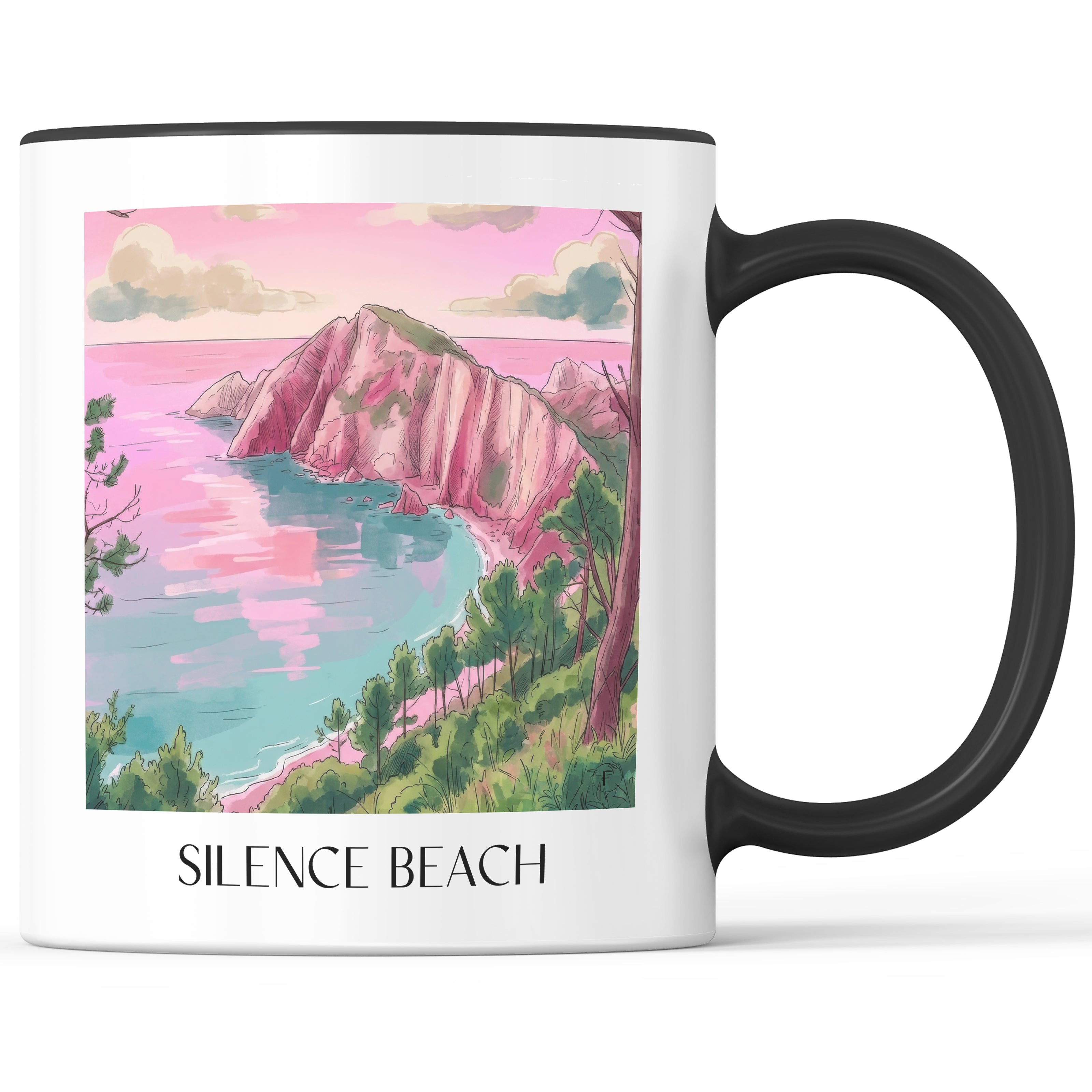 Playa del Silencio Kaffeebecher - Cudillero - Spanien Becher - Kaffeetasse im Aquarell Pink Stil - favplace