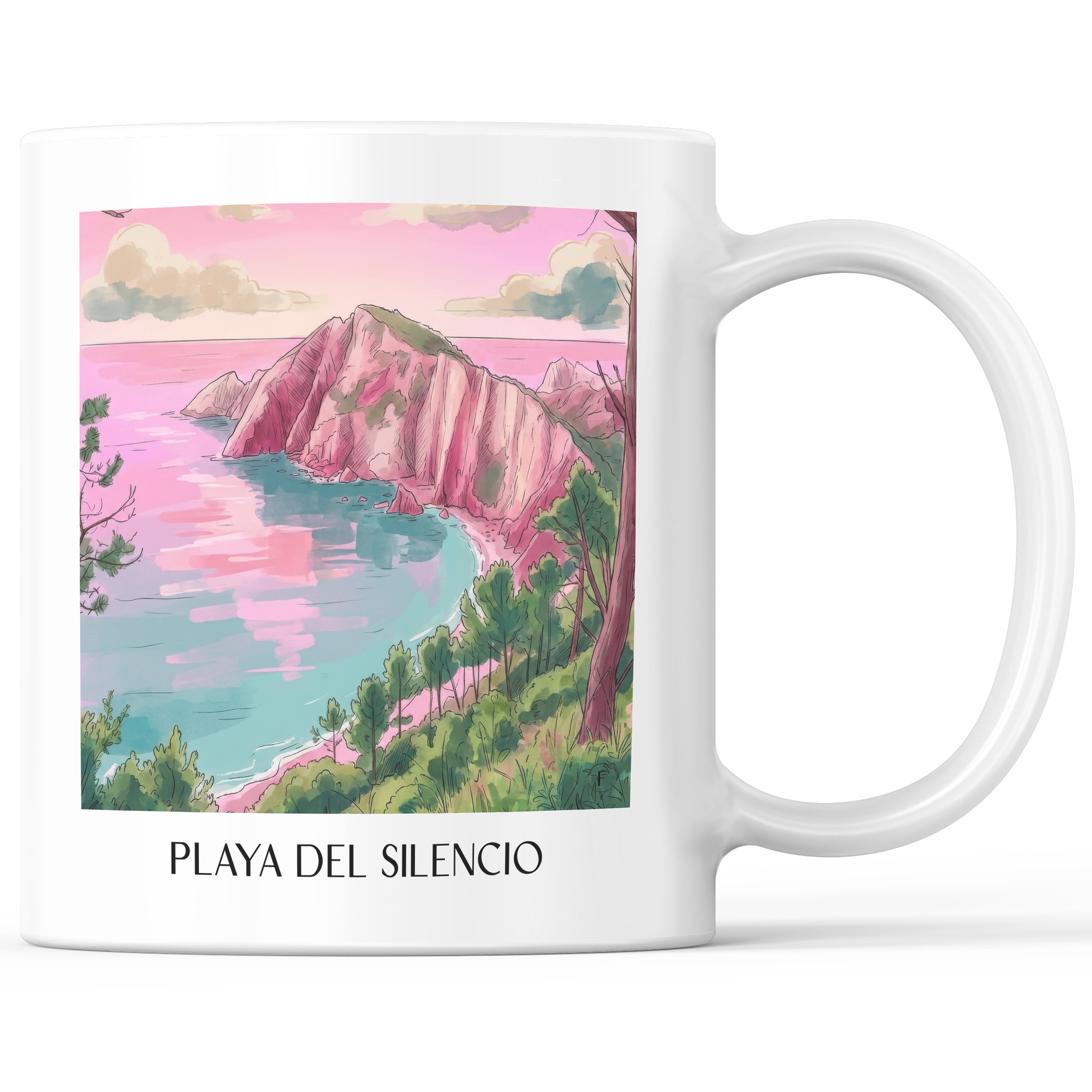 Playa del Silencio Kaffeebecher - Cudillero - Spanien Becher - Kaffeetasse im Aquarell Pink Stil - favplace