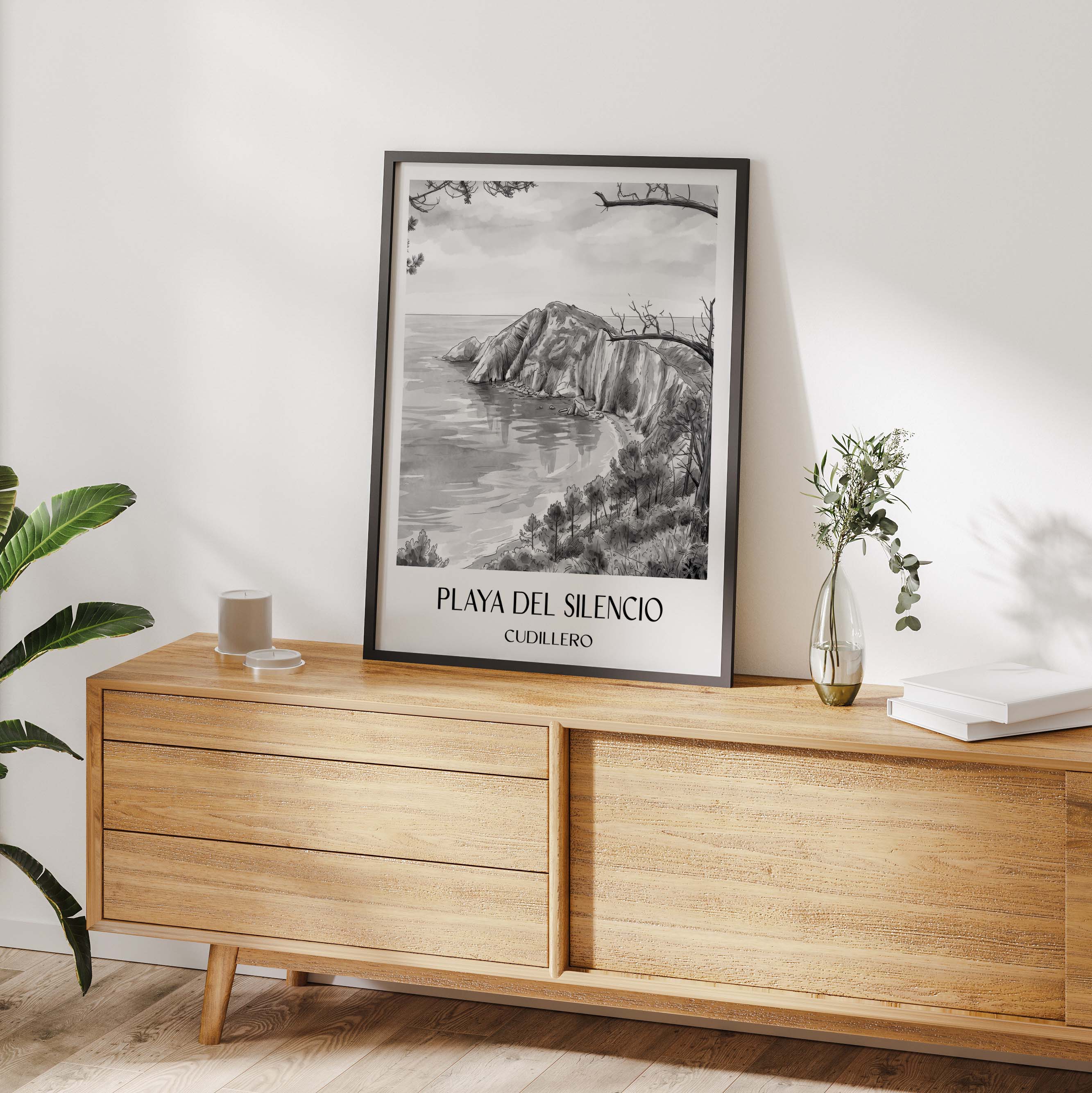 playa-del-silencio-cudillero-spanien-poster-aquarell-schwarz-weiss