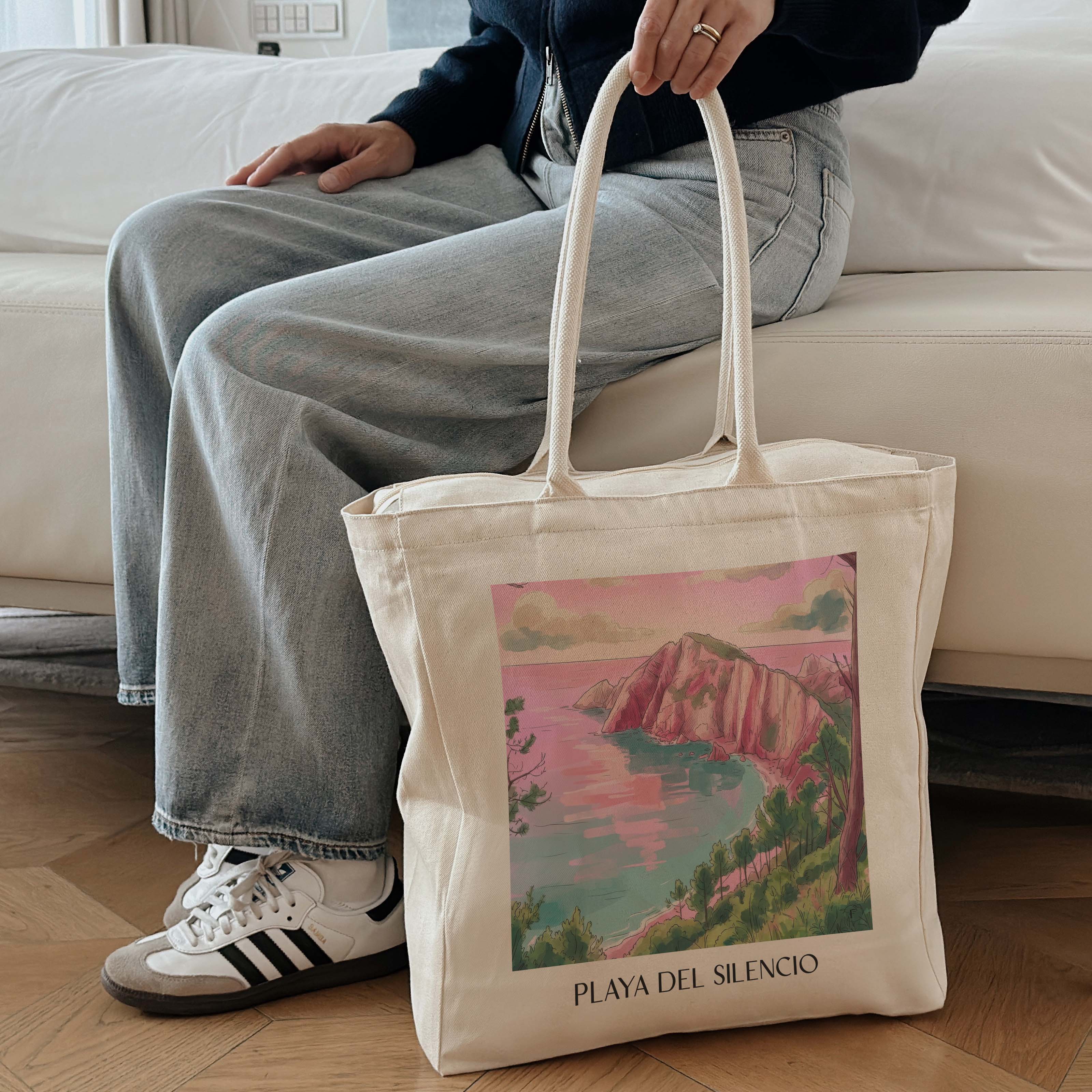 playa-del-silencio-cudillero-spanien-einkaufstasche-aquarell-pink-rosa