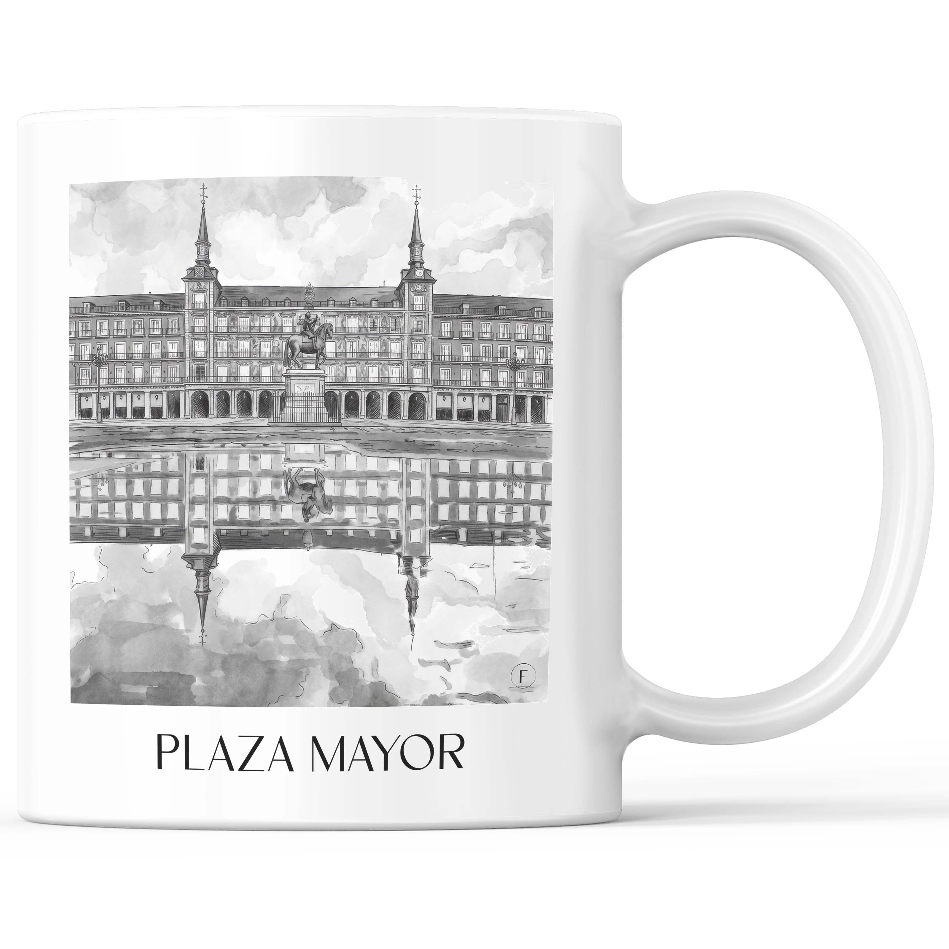 Plaza Mayor Kaffeebecher - Madrid - Spanien Becher - Kaffeetasse im Aquarell Schwarz-Weiß Stil - favplace