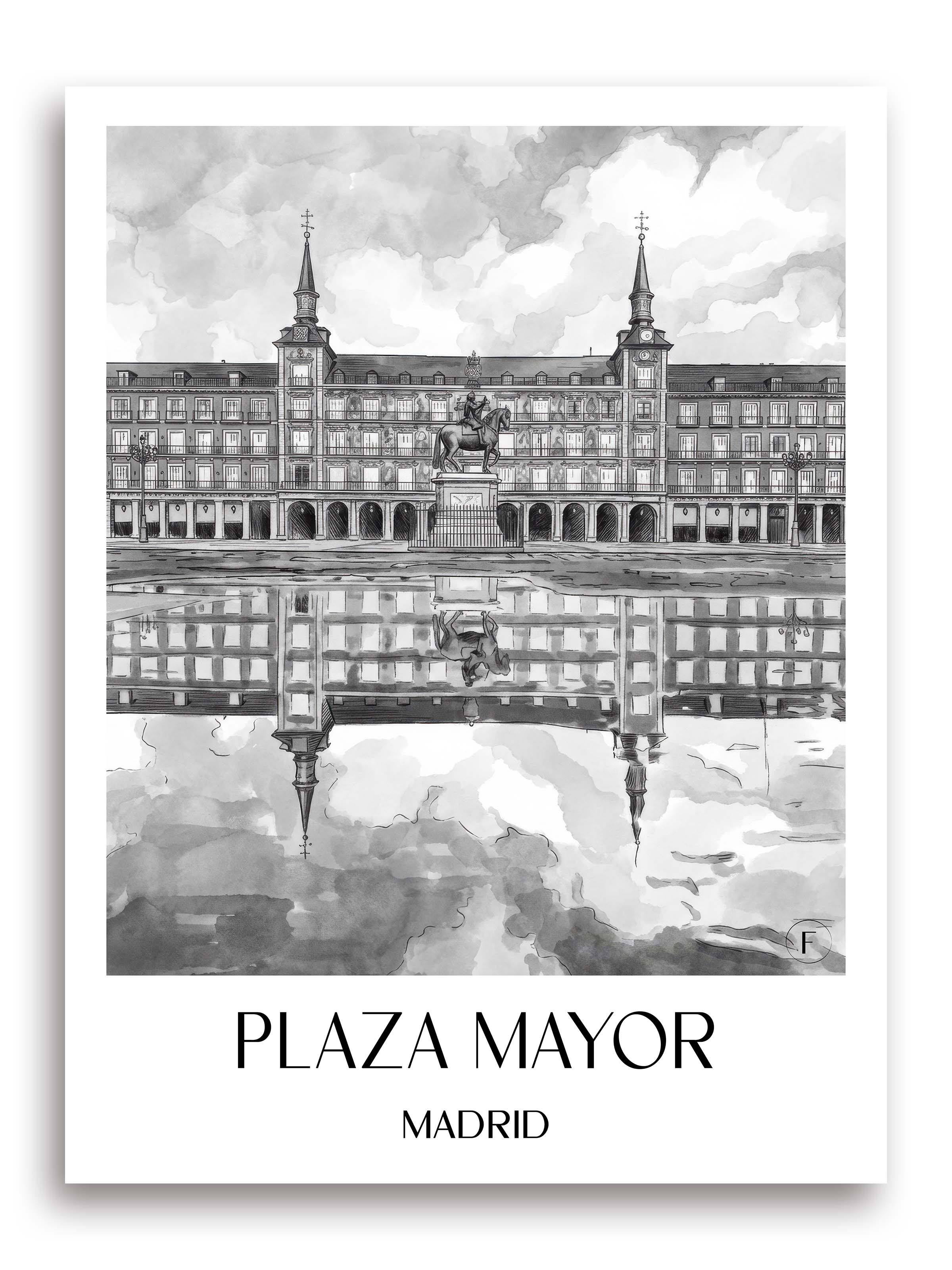 Plaza Mayor Poster - Madrid - Spanien Kunstdruck - Aquarell Schwarz-Weiß von A4 bis A1 - favplace