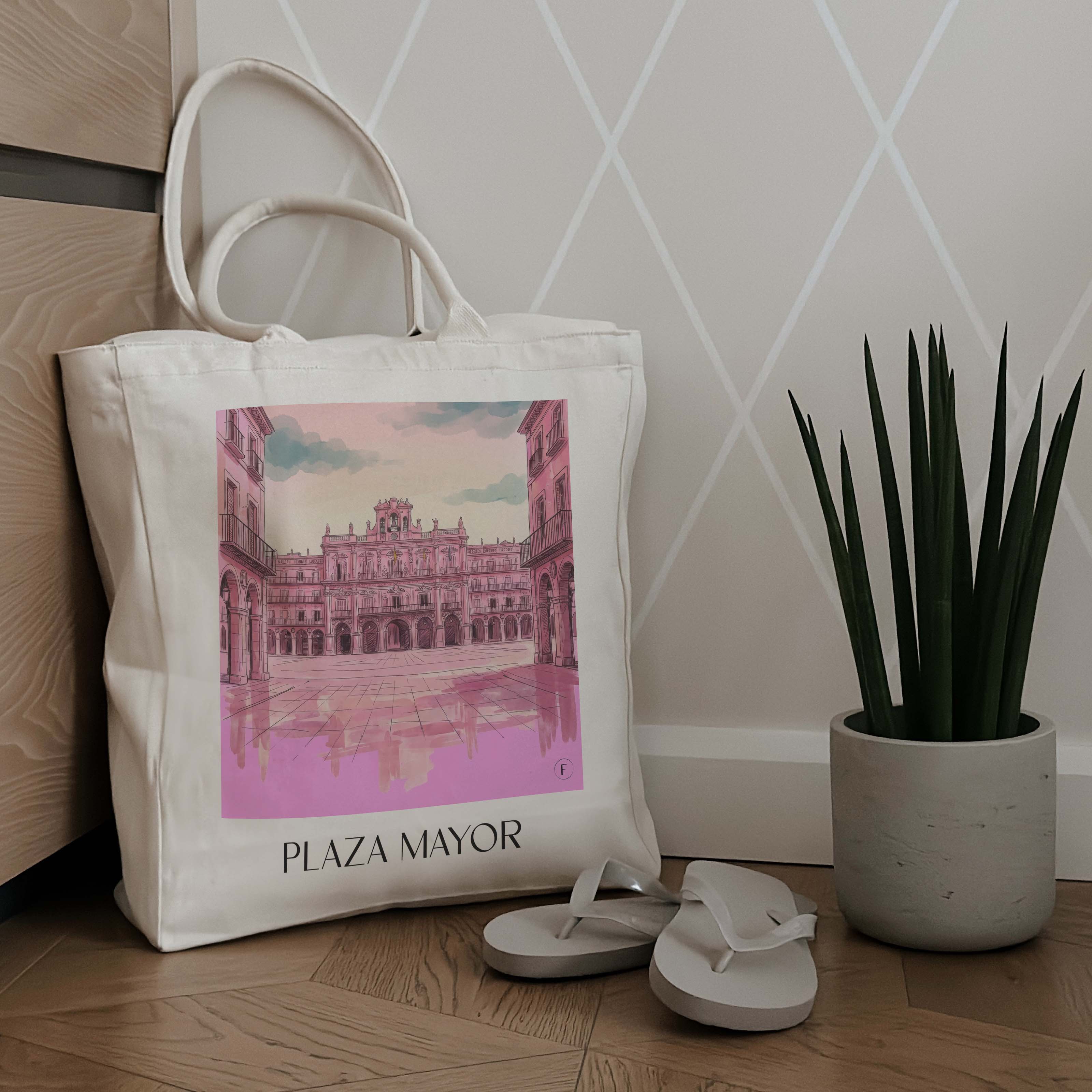 plaza-mayor-salamanca-spanien-einkaufstasche-aquarell-pink-rosa