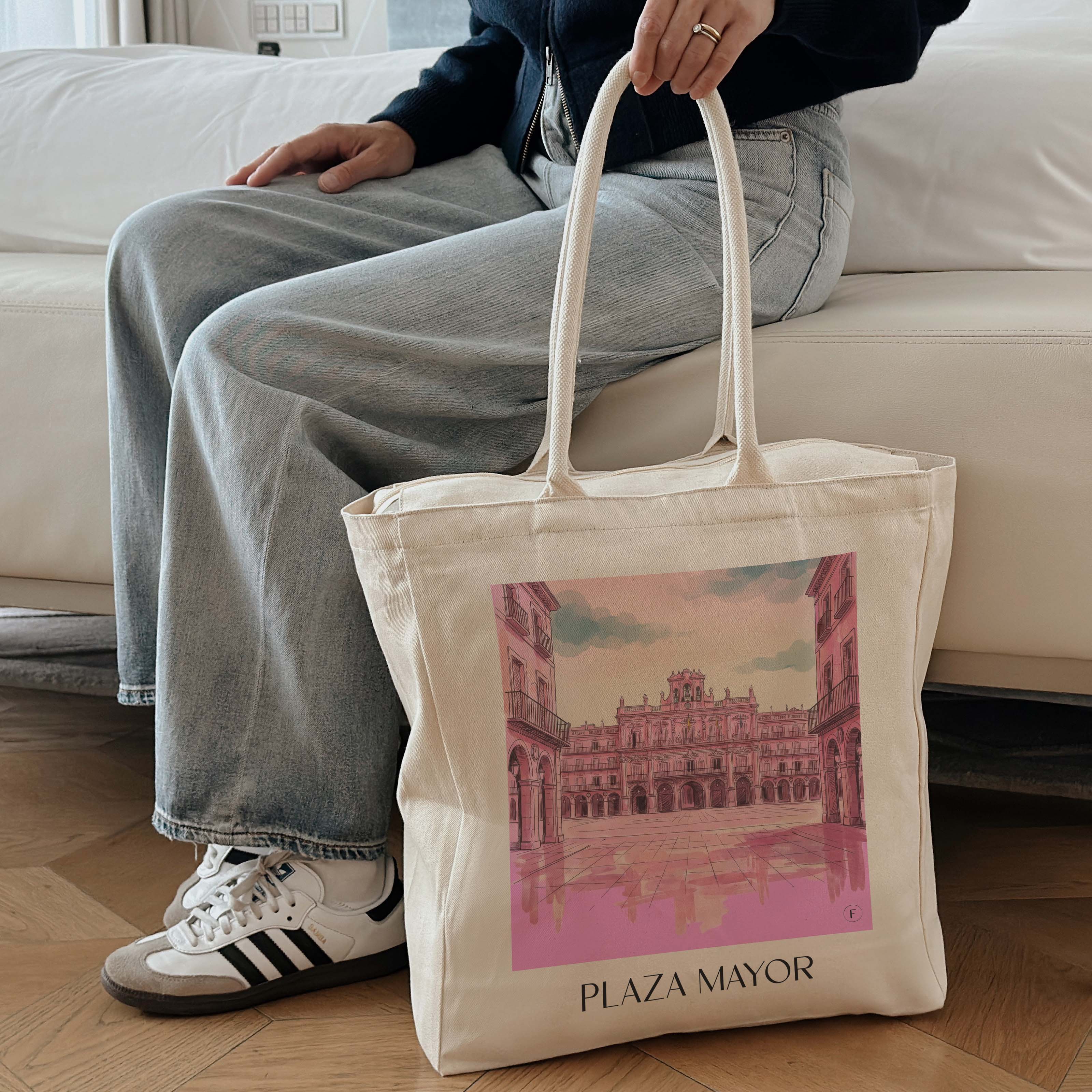 plaza-mayor-salamanca-spanien-einkaufstasche-aquarell-pink-rosa