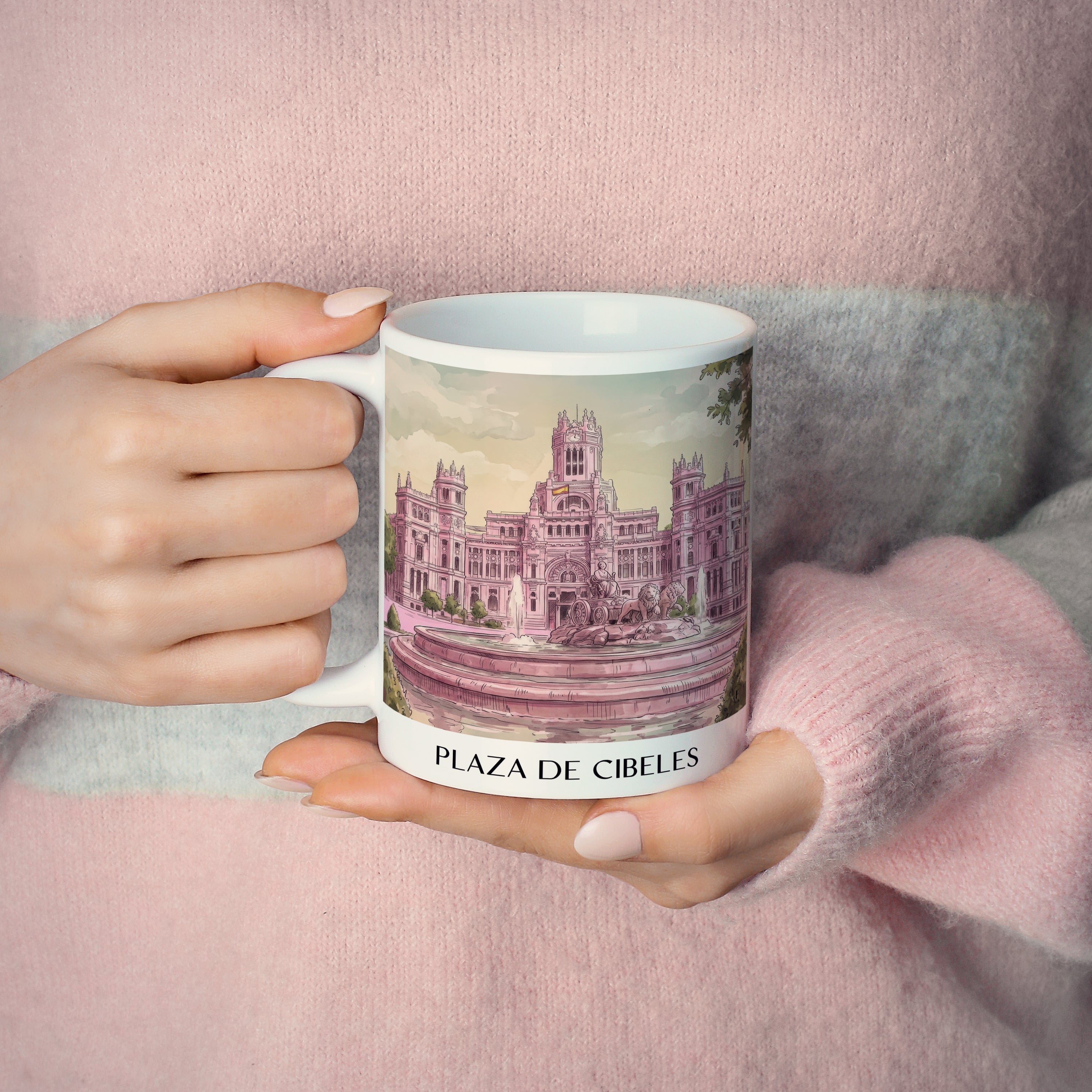 plaza-de-cibeles-madrid-spanien-kaffeebecher-aquarell-pink-rosa