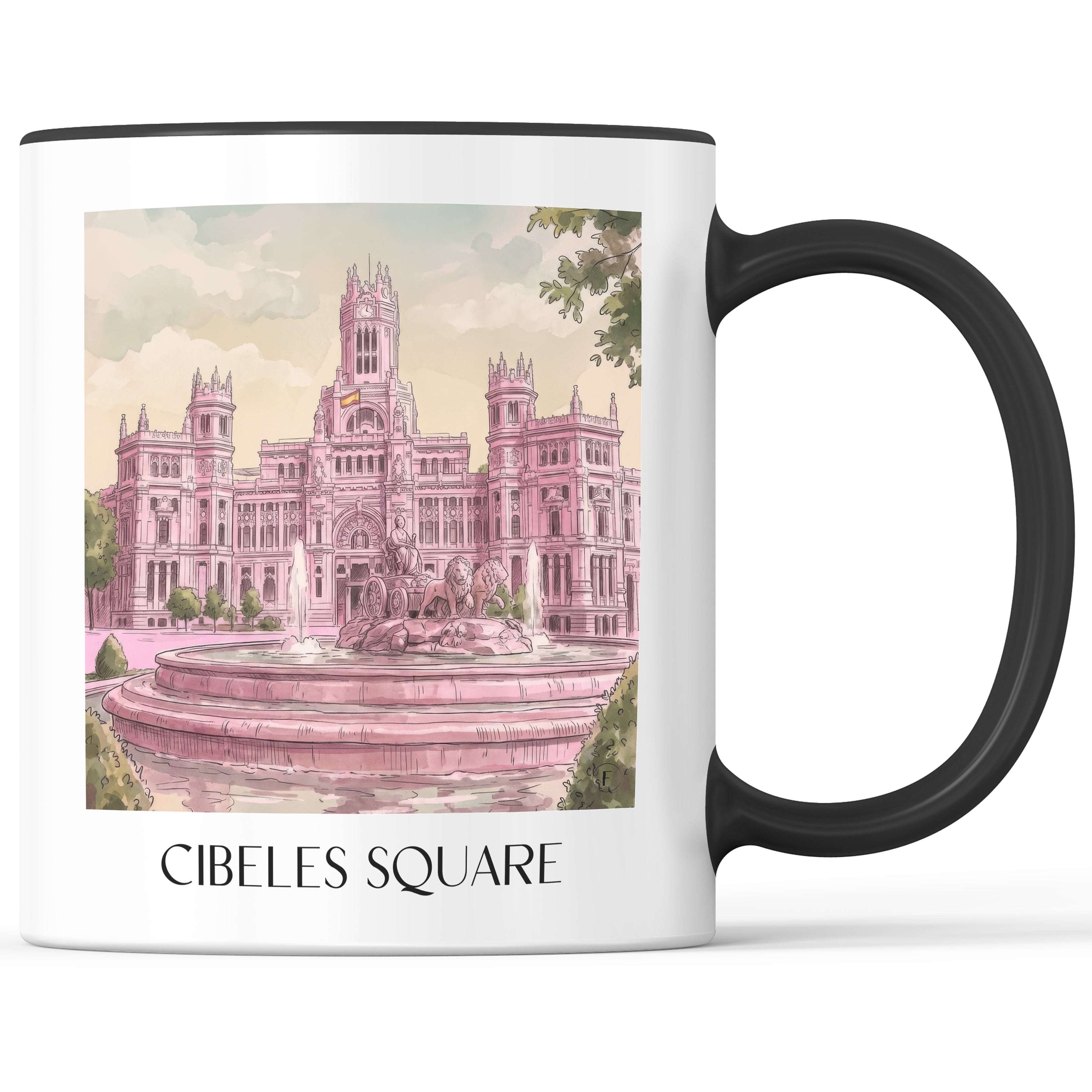 Plaza de Cibeles Kaffeebecher - Madrid - Spanien Becher - Kaffeetasse im Aquarell Pink Stil - favplace