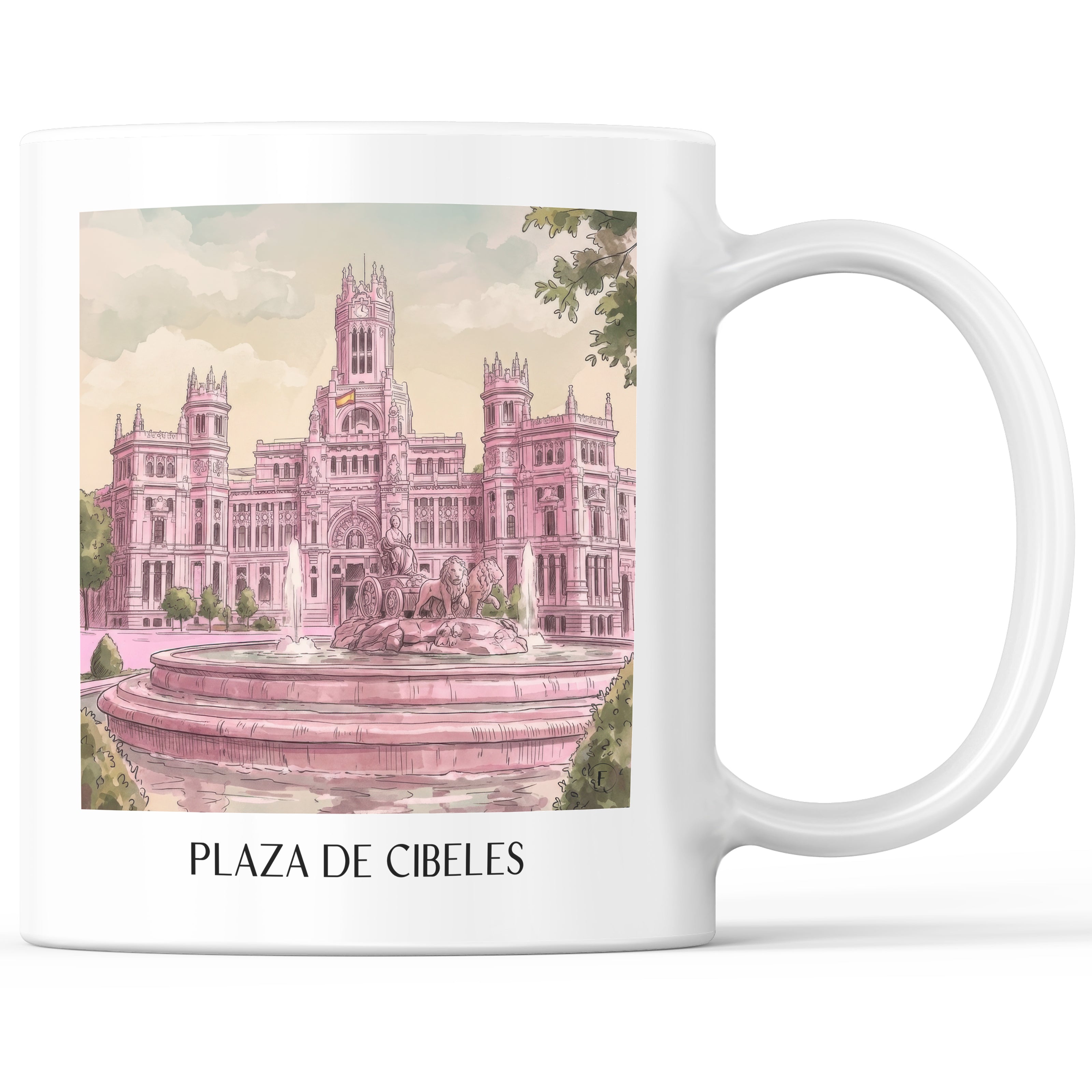 Plaza de Cibeles Kaffeebecher - Madrid - Spanien Becher - Kaffeetasse im Aquarell Pink Stil - favplace