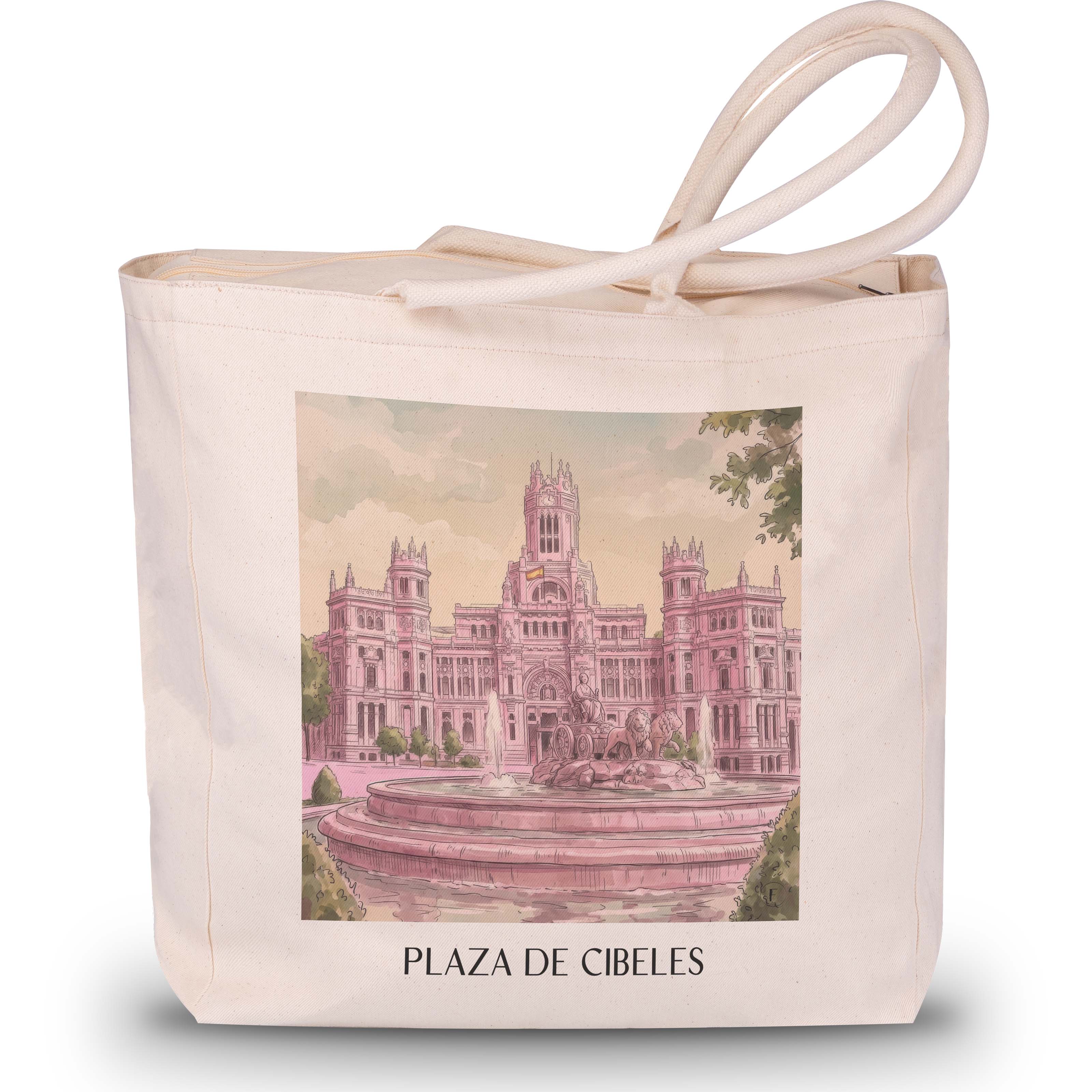 plaza-de-cibeles-madrid-spanien-einkaufstasche-aquarell-pink-rosa