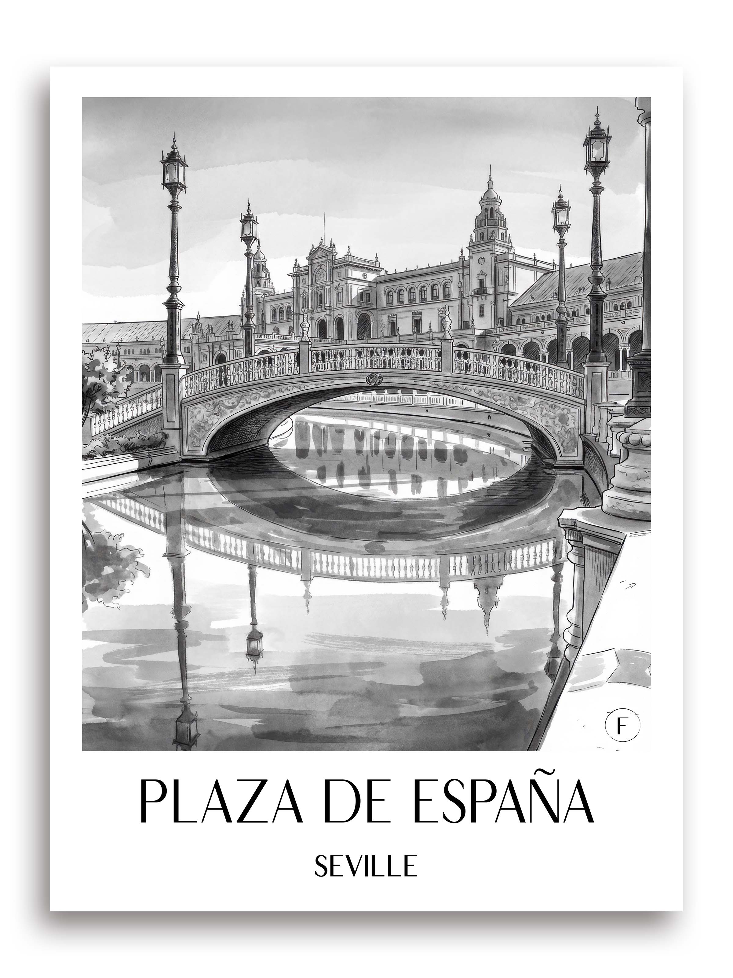 Plaza de España Poster - Sevilla - Spanien Kunstdruck - Aquarell Schwarz-Weiß von A4 bis A1 - favplace