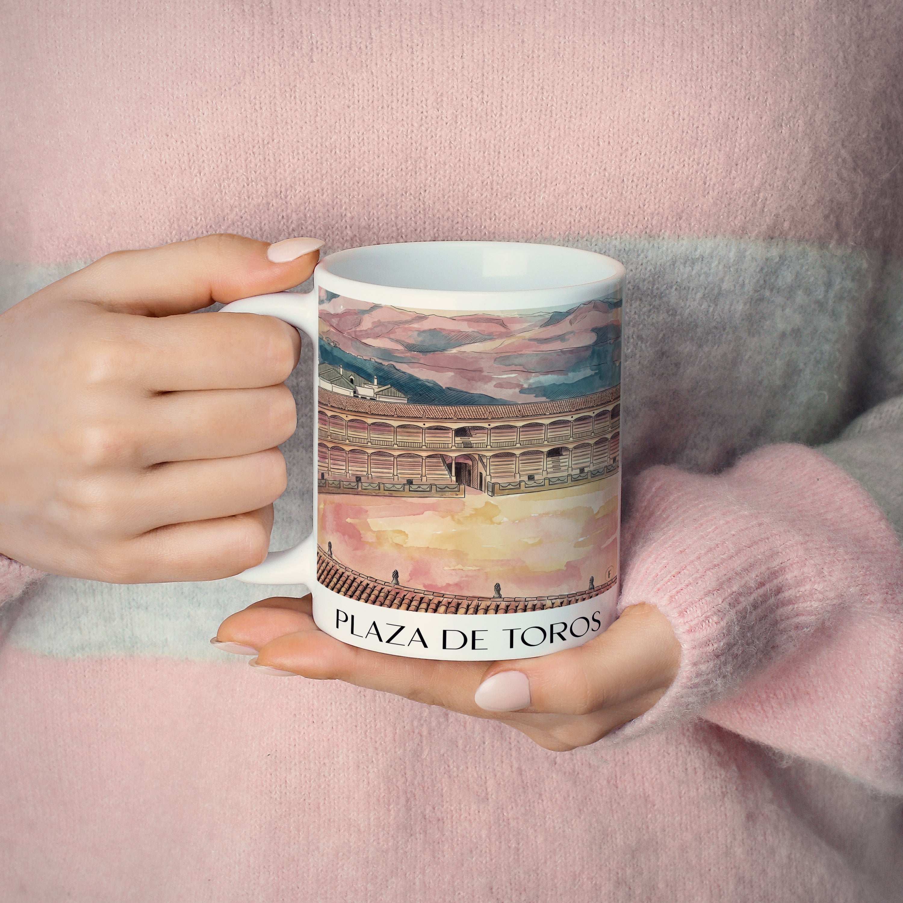 plaza-de-toros-ronda-spanien-kaffeebecher-aquarell-pink-rosa