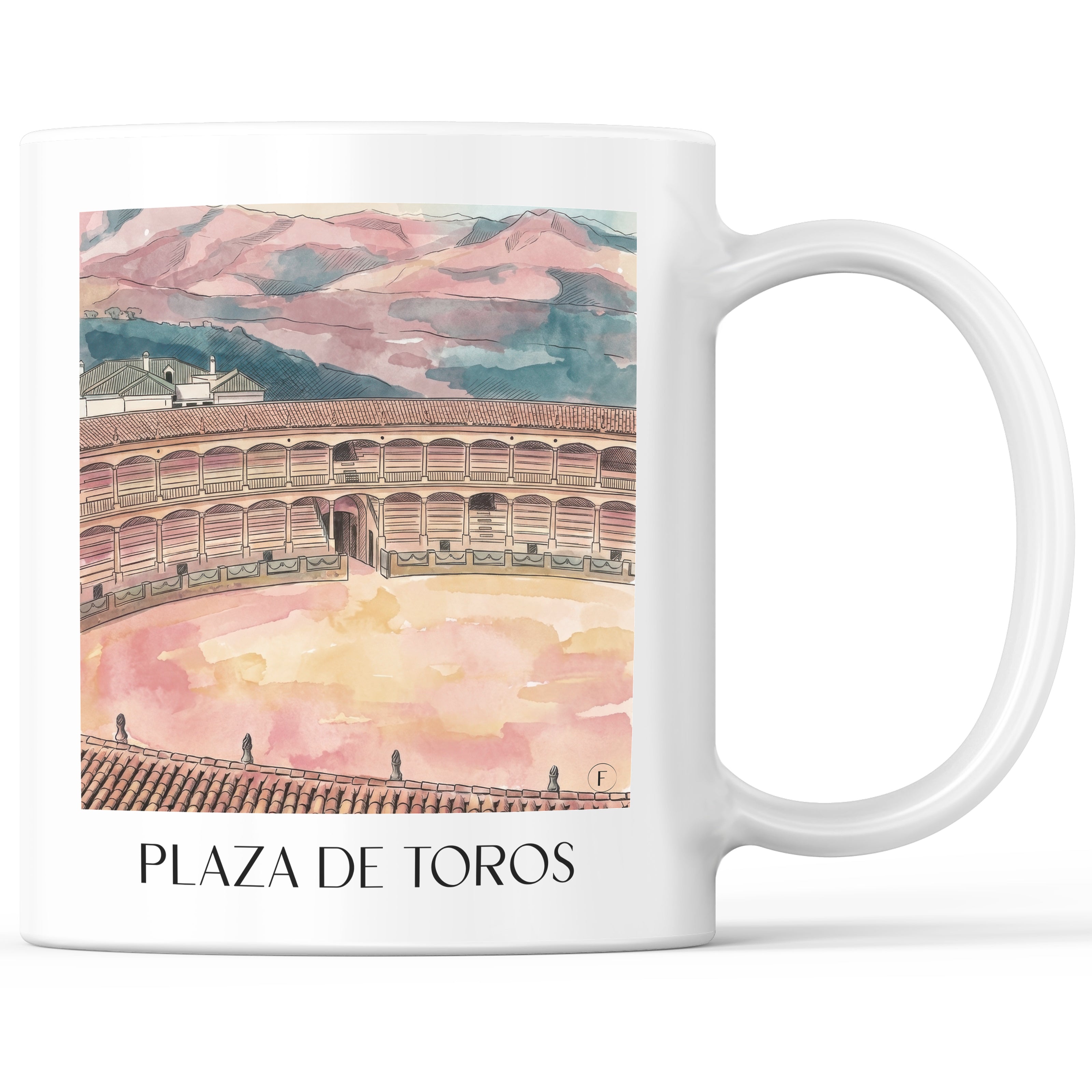 Plaza de Toros Kaffeebecher - Ronda - Spanien Becher - Kaffeetasse im Aquarell Pink Stil - favplace