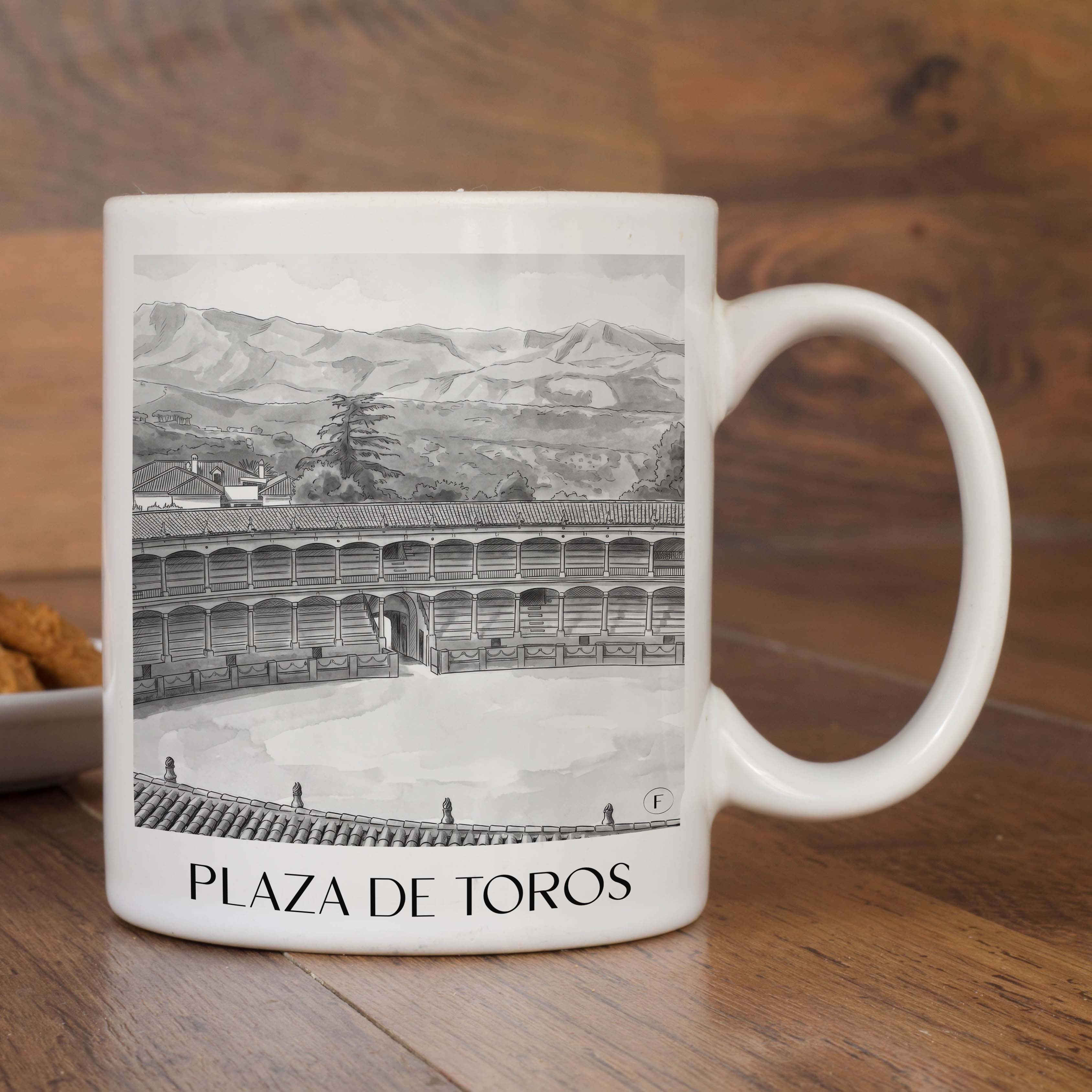 plaza-de-toros-ronda-spanien-kaffeebecher-aquarell-schwarz-weiss