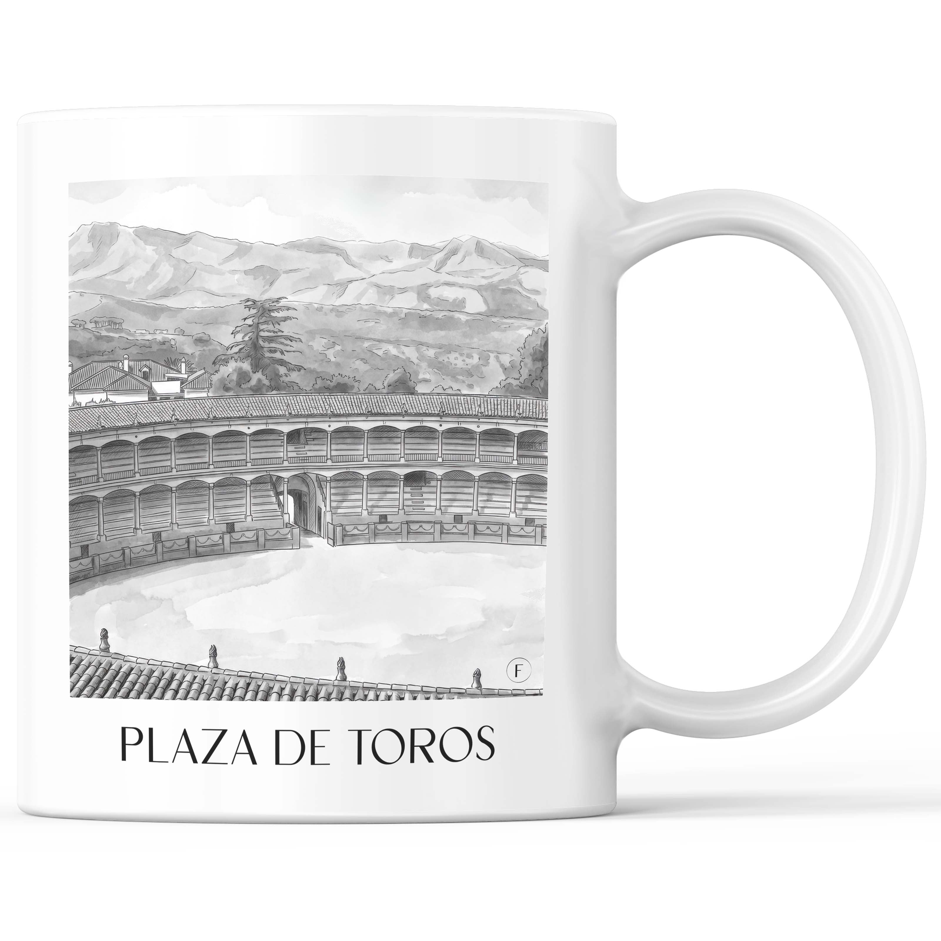 Plaza de Toros Kaffeebecher - Ronda - Spanien Becher - Kaffeetasse im Aquarell Schwarz-Weiß Stil - favplace