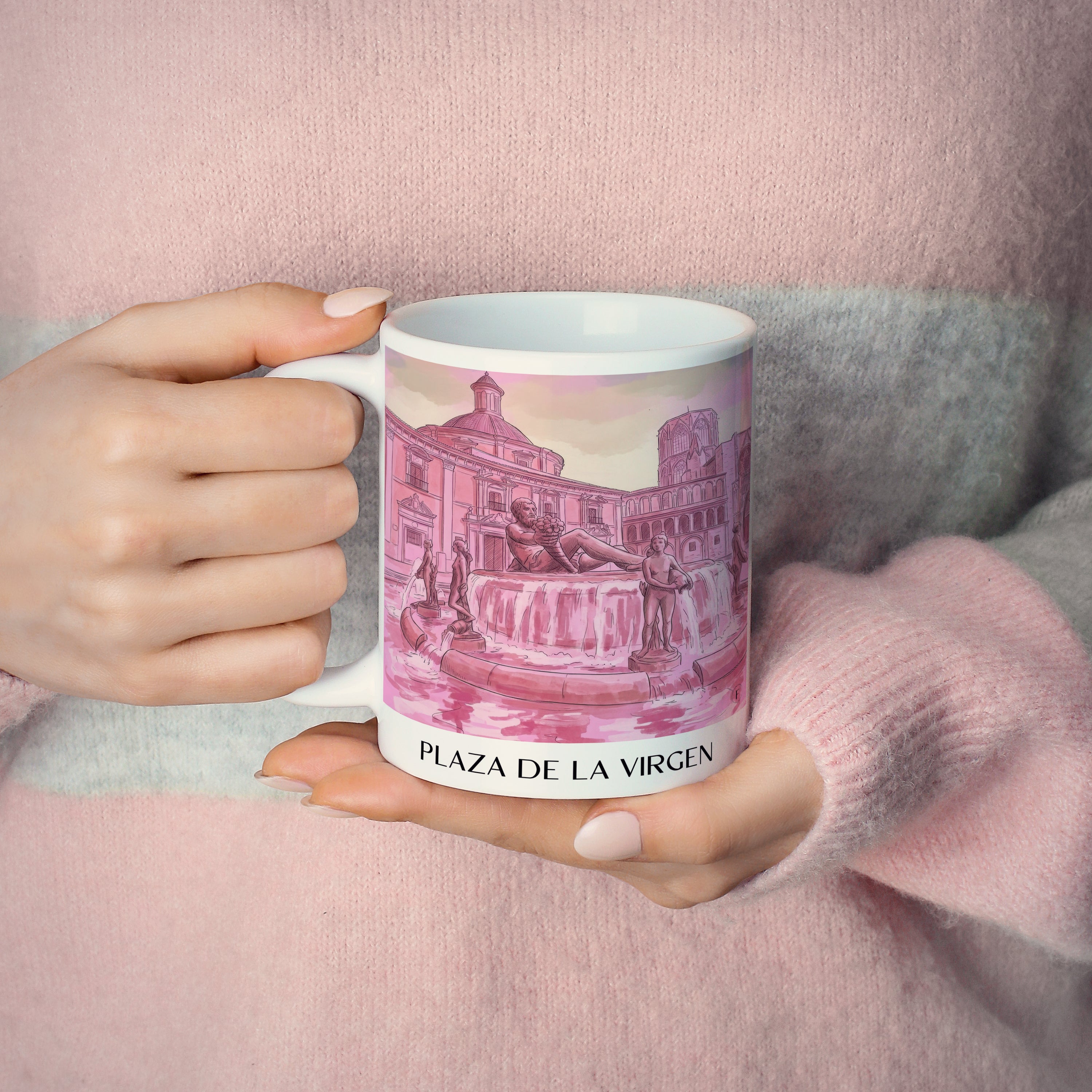 plaza-de-la-virgen-valencia-spanien-kaffeebecher-aquarell-pink-rosa
