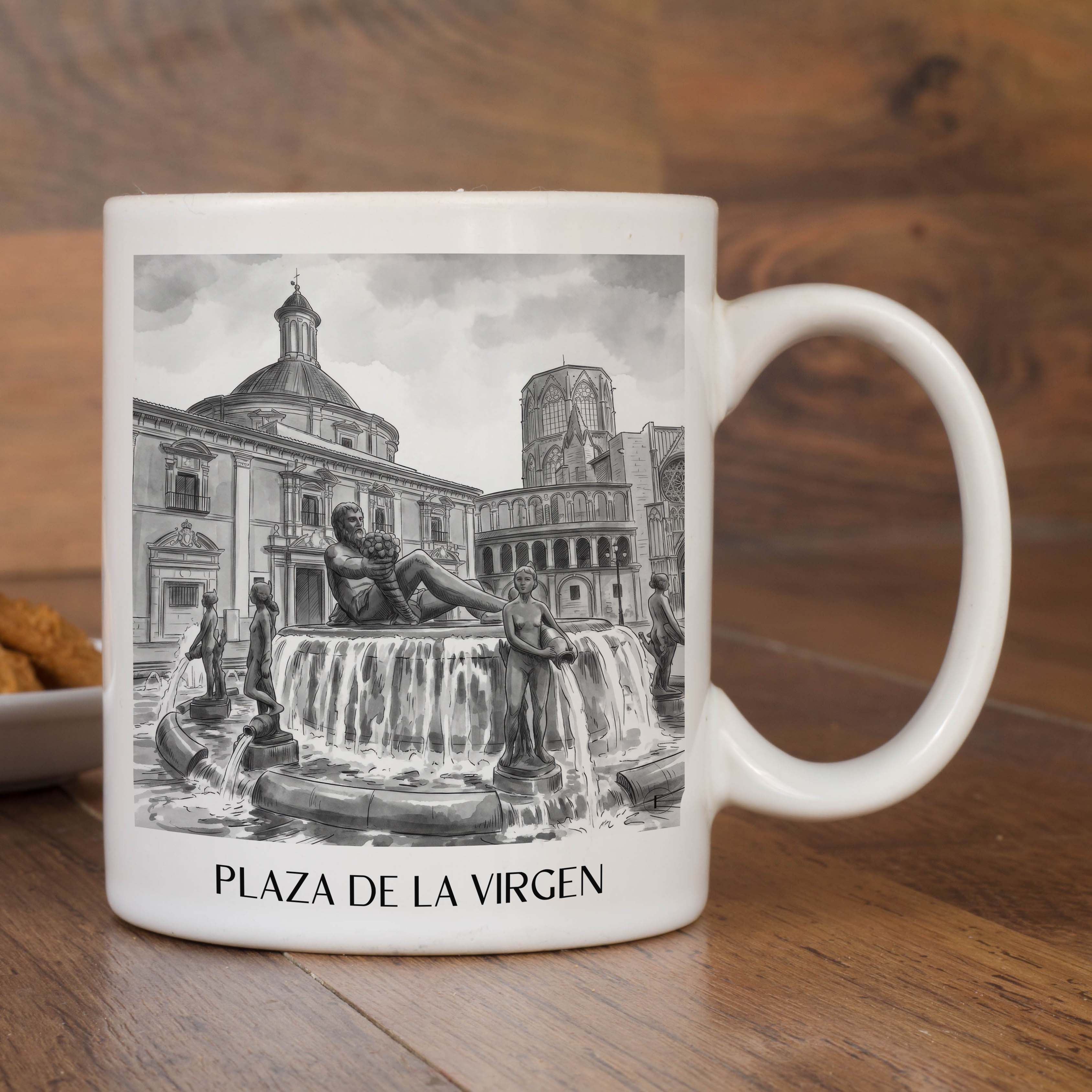 plaza-de-la-virgen-valencia-spanien-kaffeebecher-aquarell-schwarz-weiss