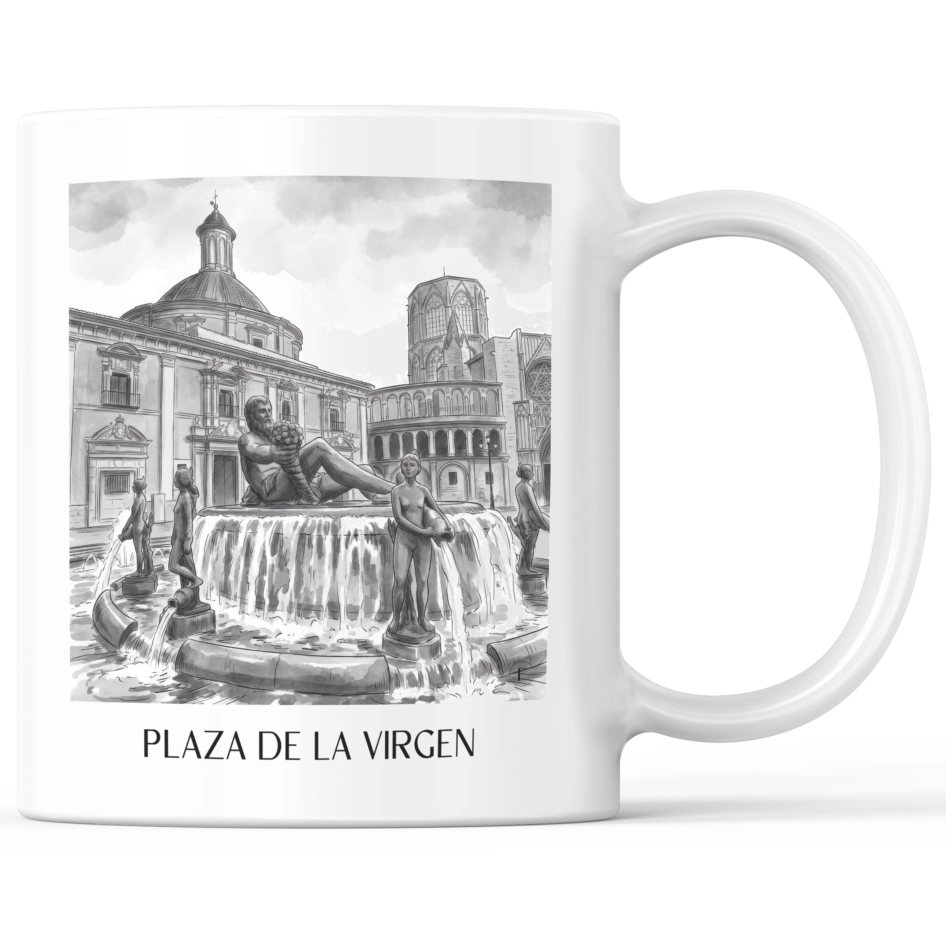 Plaza de la Virgen Kaffeebecher - Valencia - Spanien Becher - Kaffeetasse im Aquarell Schwarz-Weiß Stil - favplace