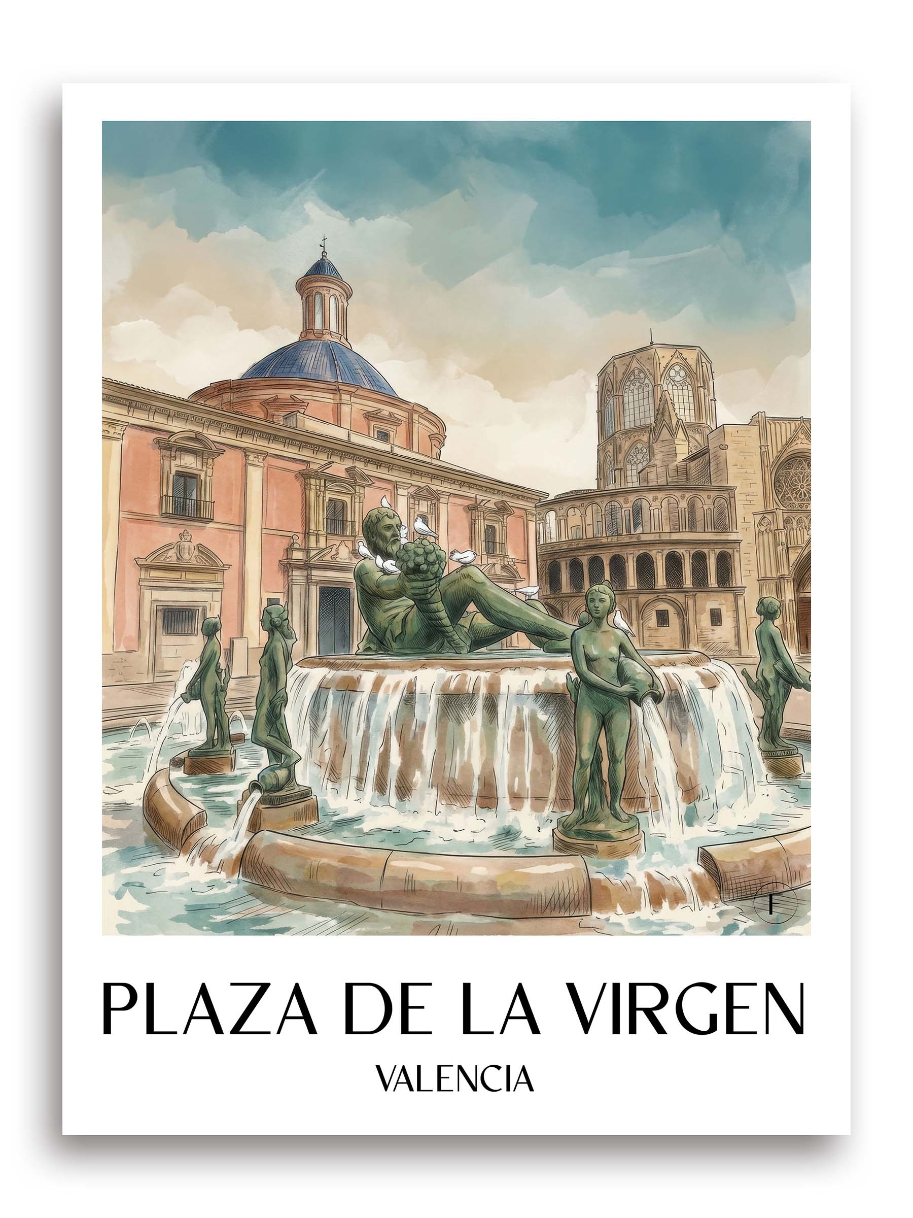 Plaza de la Virgen Poster - Valencia - Spanien Kunstdruck - Aquarell von A4 bis A1 - favplace