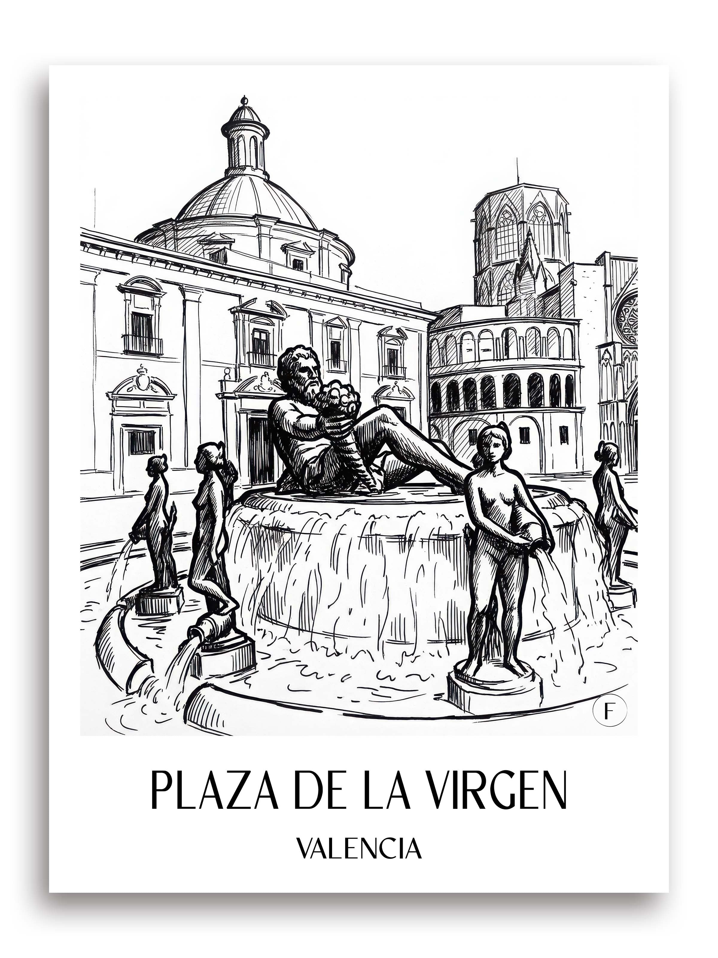 Plaza de la Virgen Poster - Valencia - Spanien Kunstdruck - Skizze von A4 bis A1 - favplace