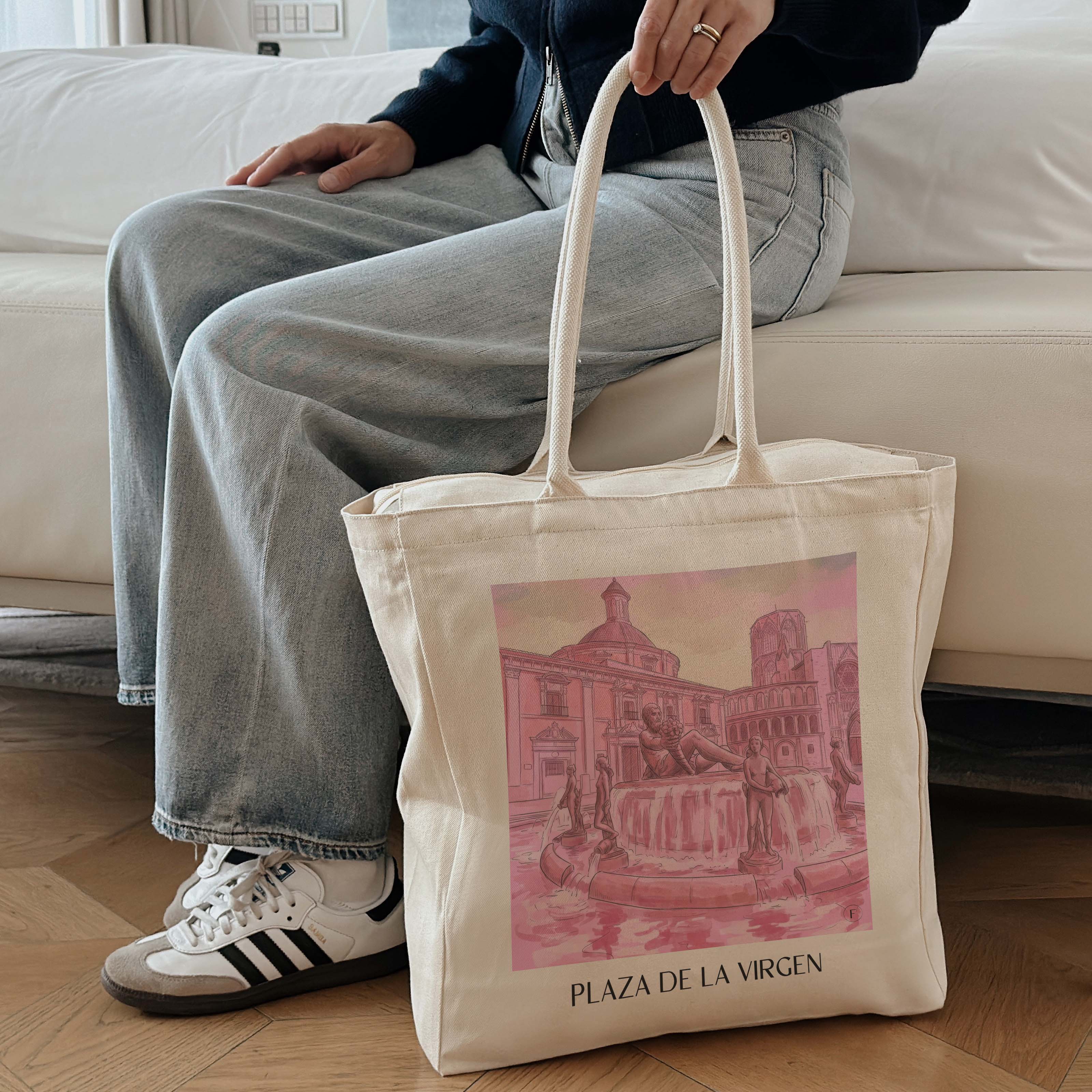 plaza-de-la-virgen-valencia-spanien-einkaufstasche-aquarell-pink-rosa