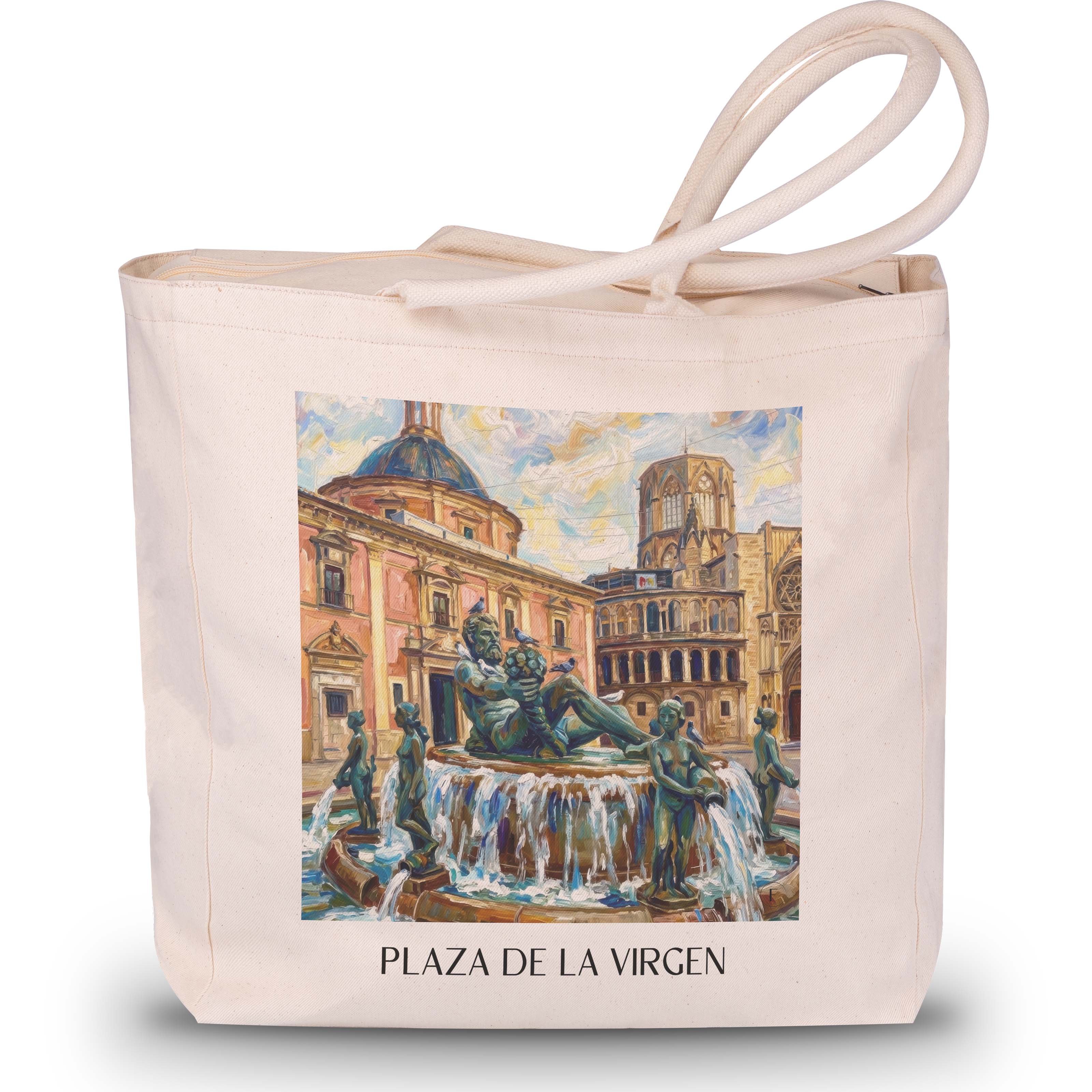 plaza-de-la-virgen-valencia-spanien-einkaufstasche-oil-painting-oelgemaelde