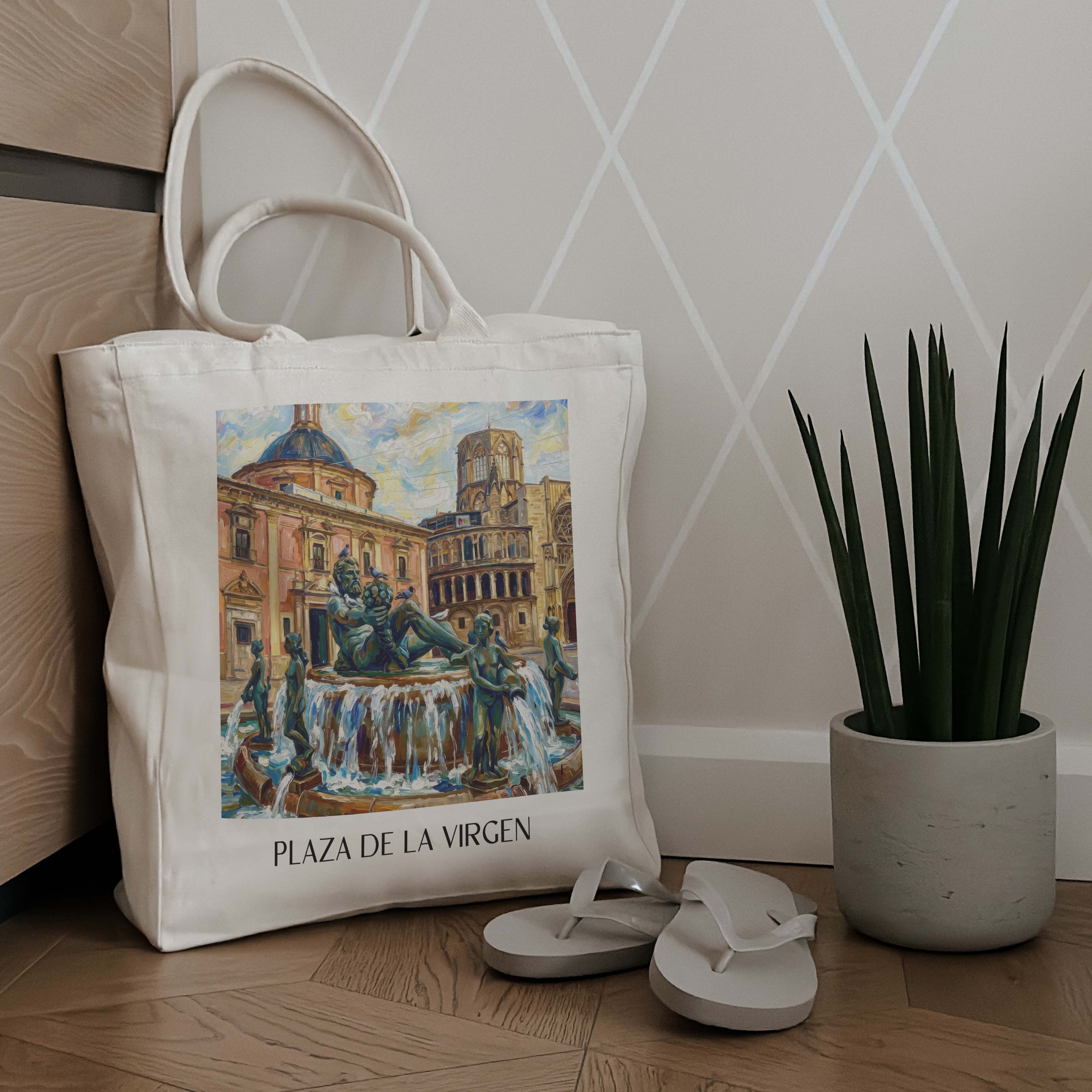 plaza-de-la-virgen-valencia-spanien-einkaufstasche-oil-painting-oelgemaelde