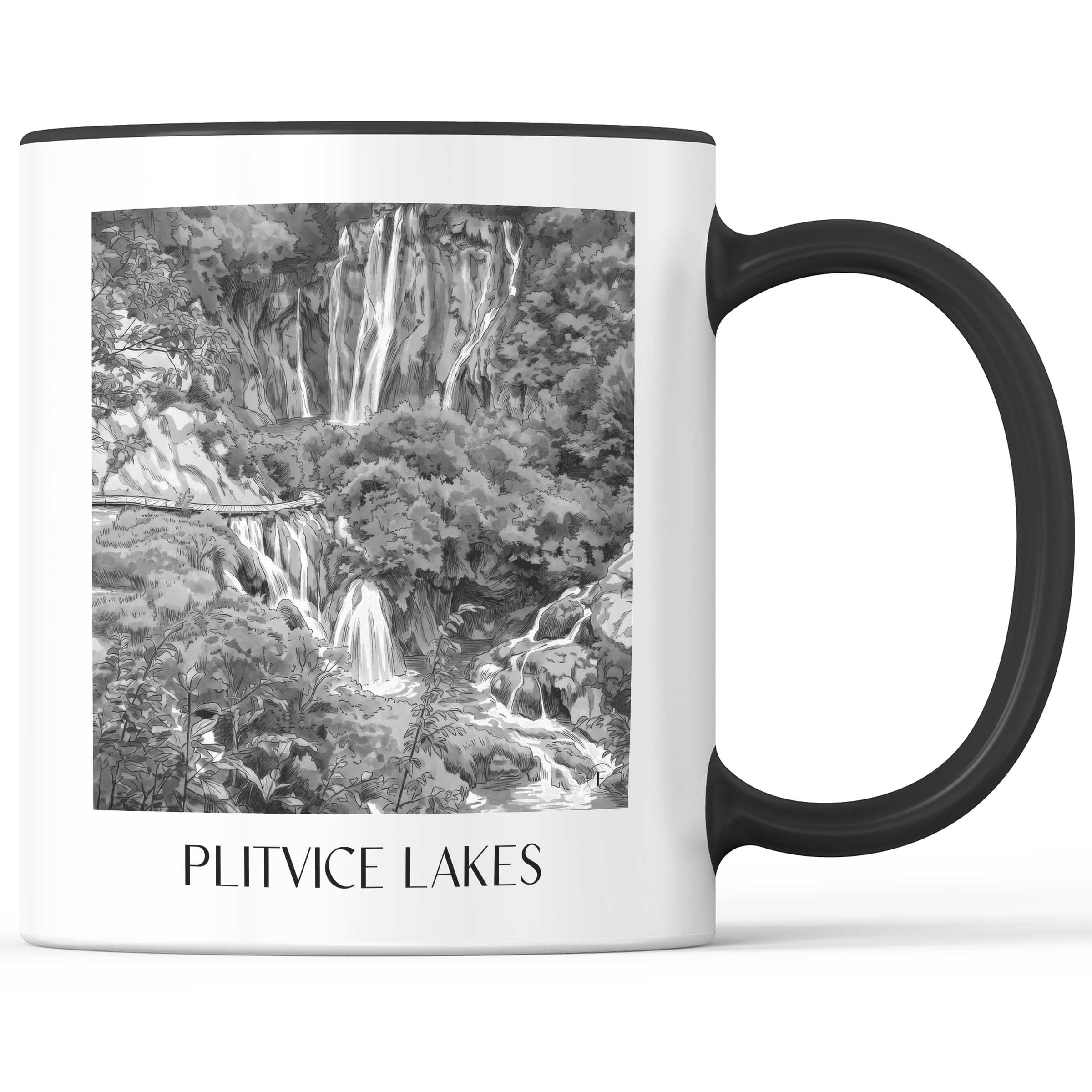 Plitvicer Seen - Kroatien Becher - Kaffeetasse im Aquarell Schwarz-Weiß Stil - favplace
