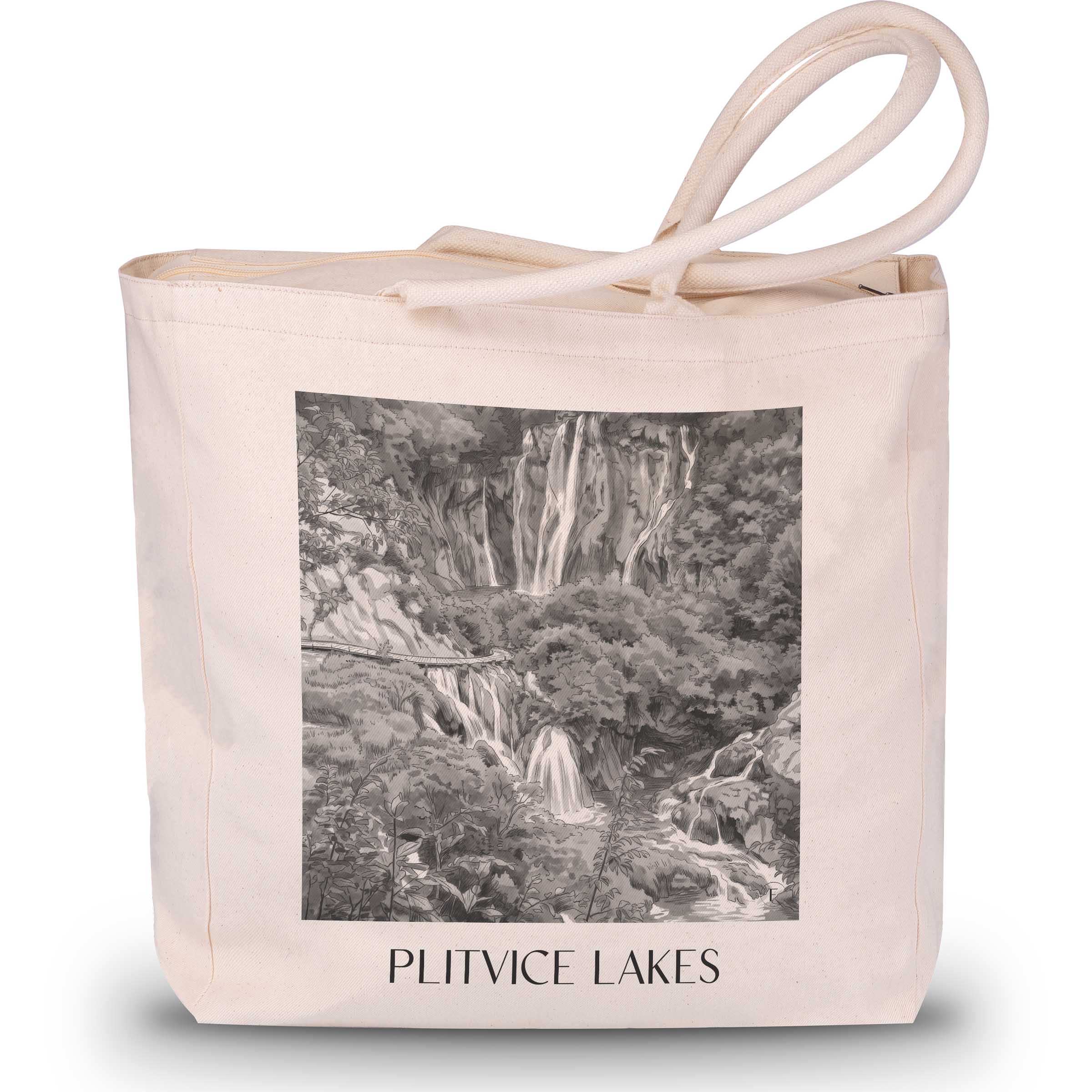 Plitvicer Seen - Kroatien Tote Bag - Einkaufstasche im Aquarell Schwarz-Weiß Stil - favplace