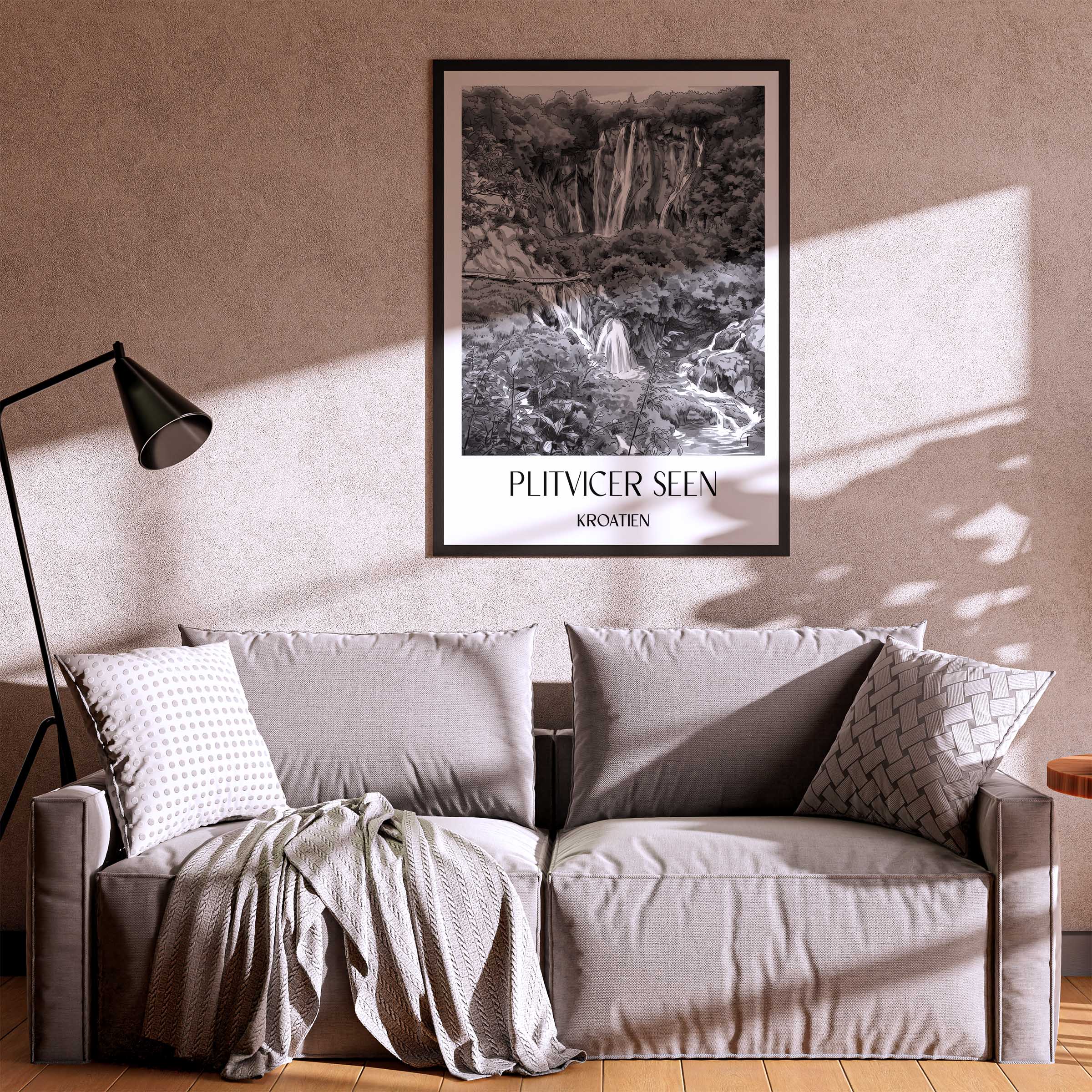 plitvicer-seen-kroatien-poster-aquarell-schwarz-weiss