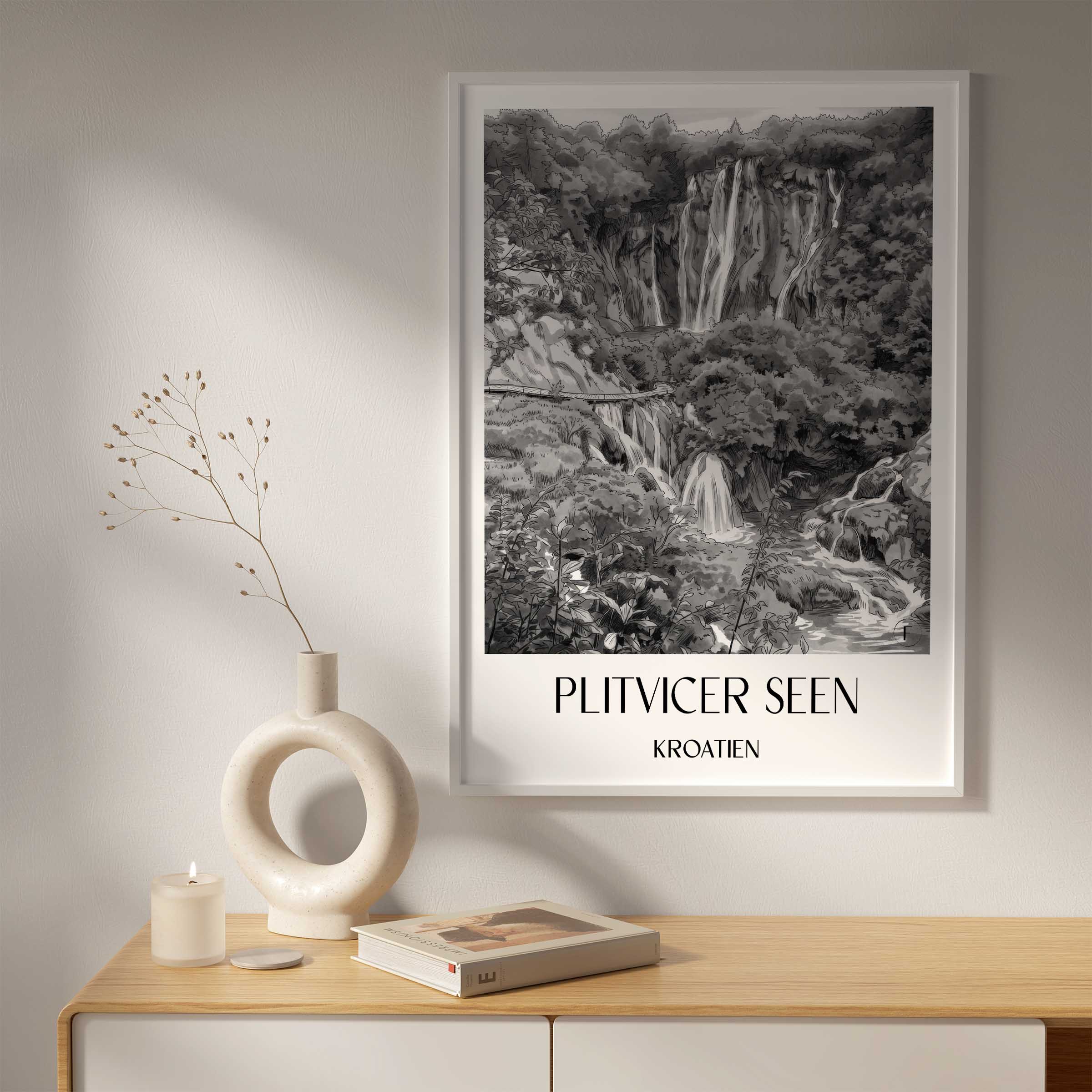 plitvicer-seen-kroatien-poster-aquarell-schwarz-weiss