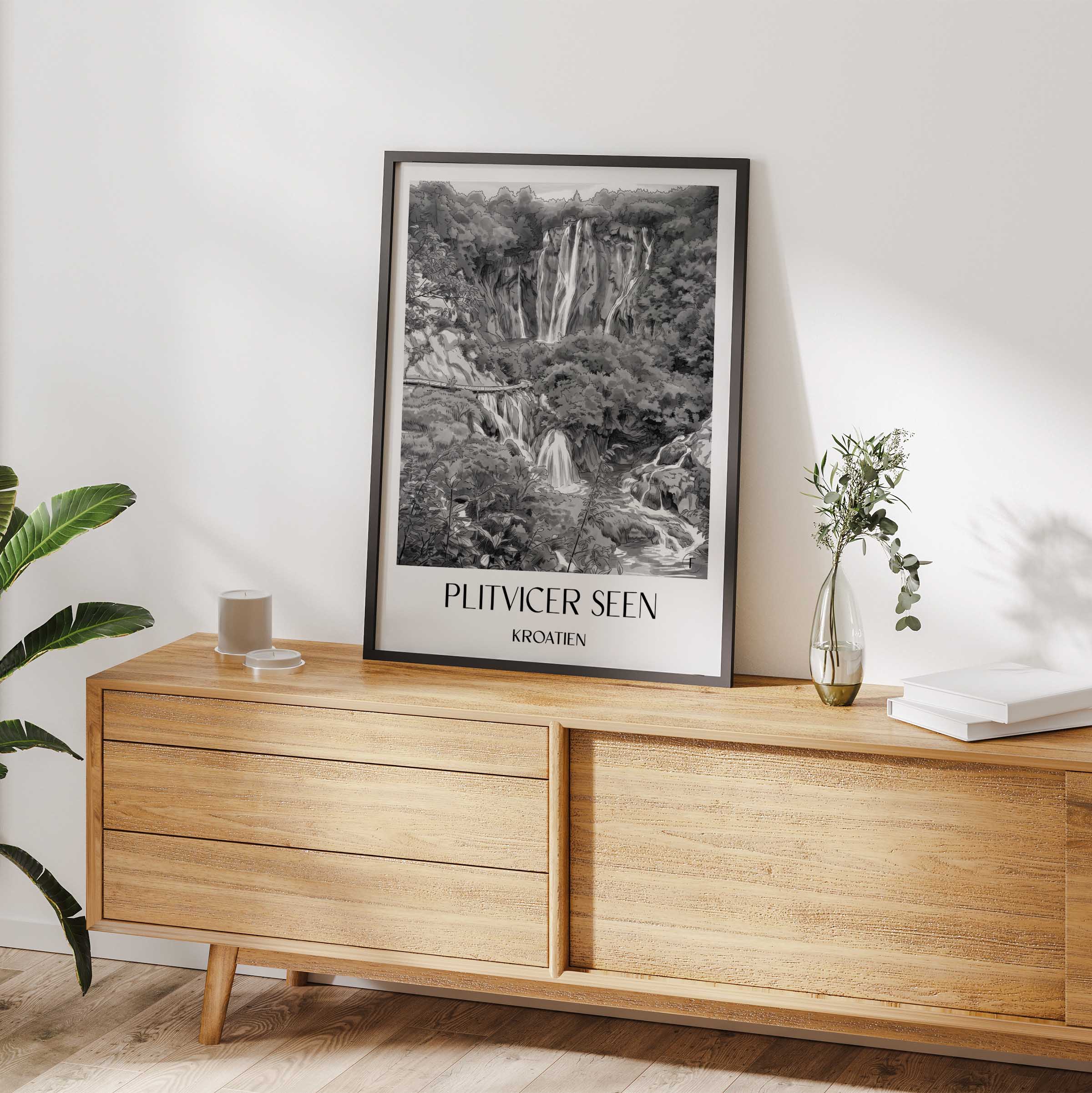 plitvicer-seen-kroatien-poster-aquarell-schwarz-weiss