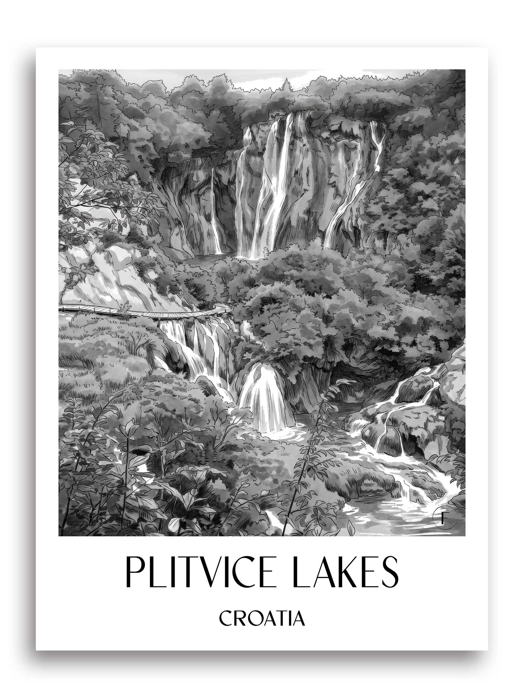 Plitvicer Seen Poster - - Kroatien Kunstdruck - Aquarell Schwarz-Weiß von A4 bis A1 - favplace