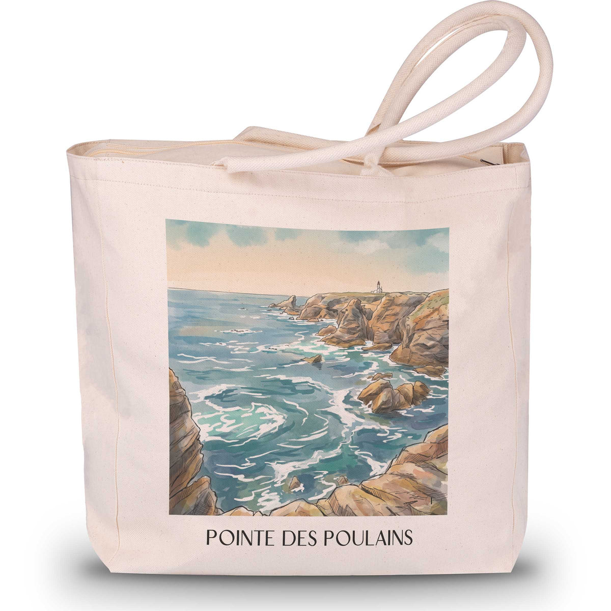 pointe-des-poulains-belle-île-frankreich-einkaufstasche-aquarell