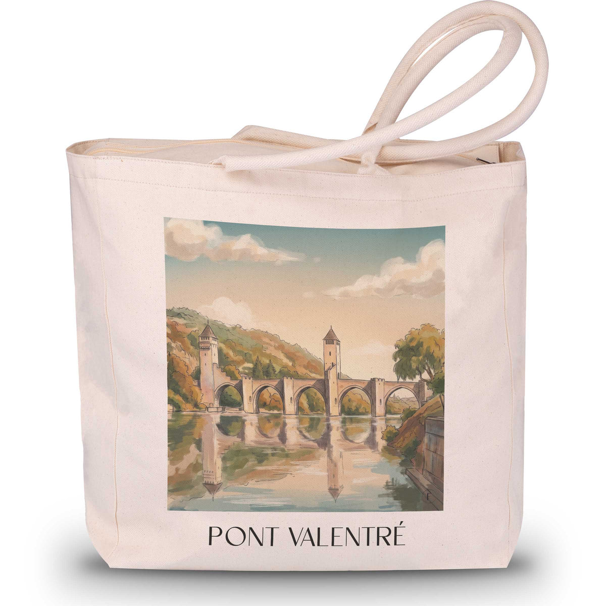 pont-valentré-cahors-frankreich-einkaufstasche-aquarell