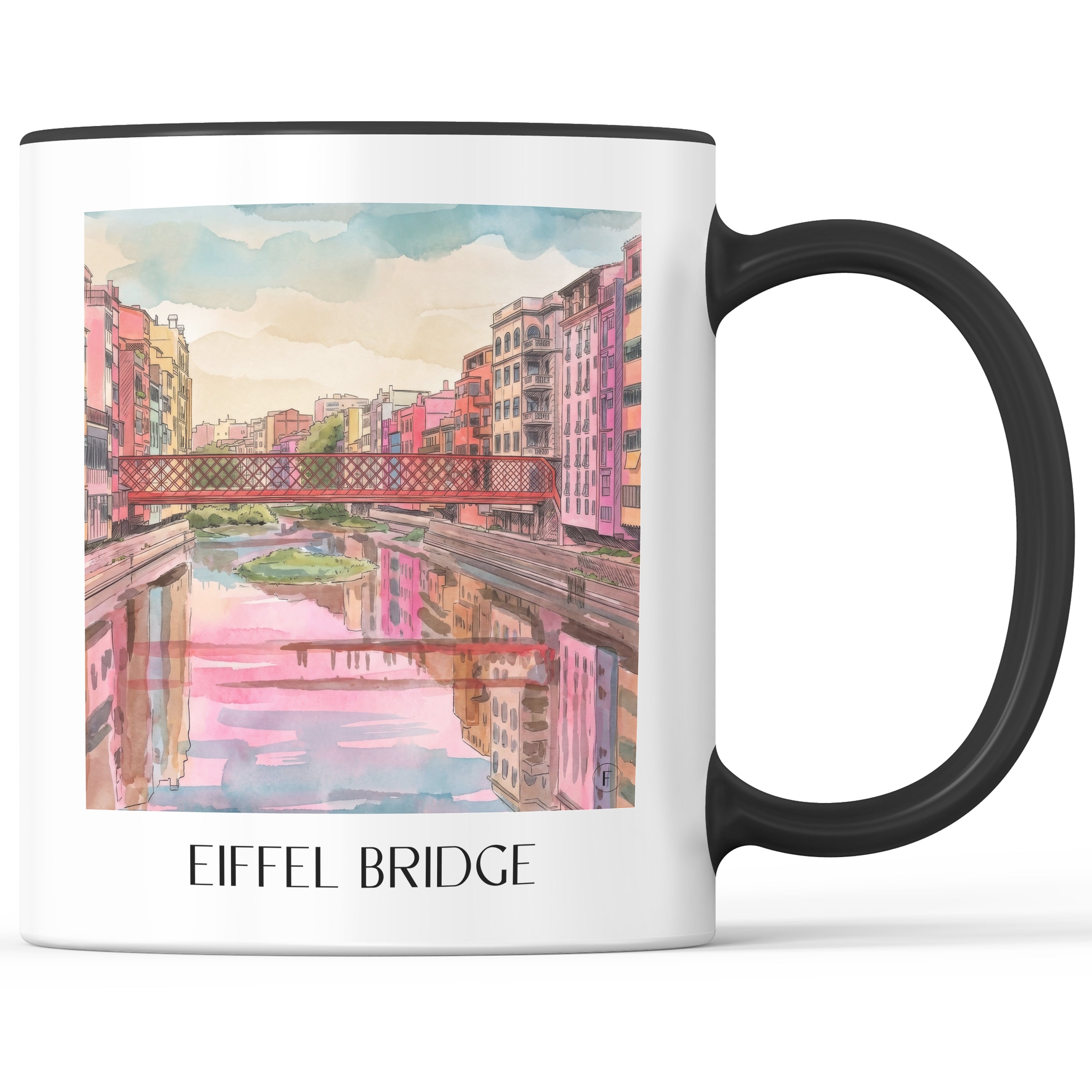 Pont de les Peixateries Velles Kaffeebecher - Girona - Spanien Becher - Kaffeetasse im Aquarell Pink Stil - favplace