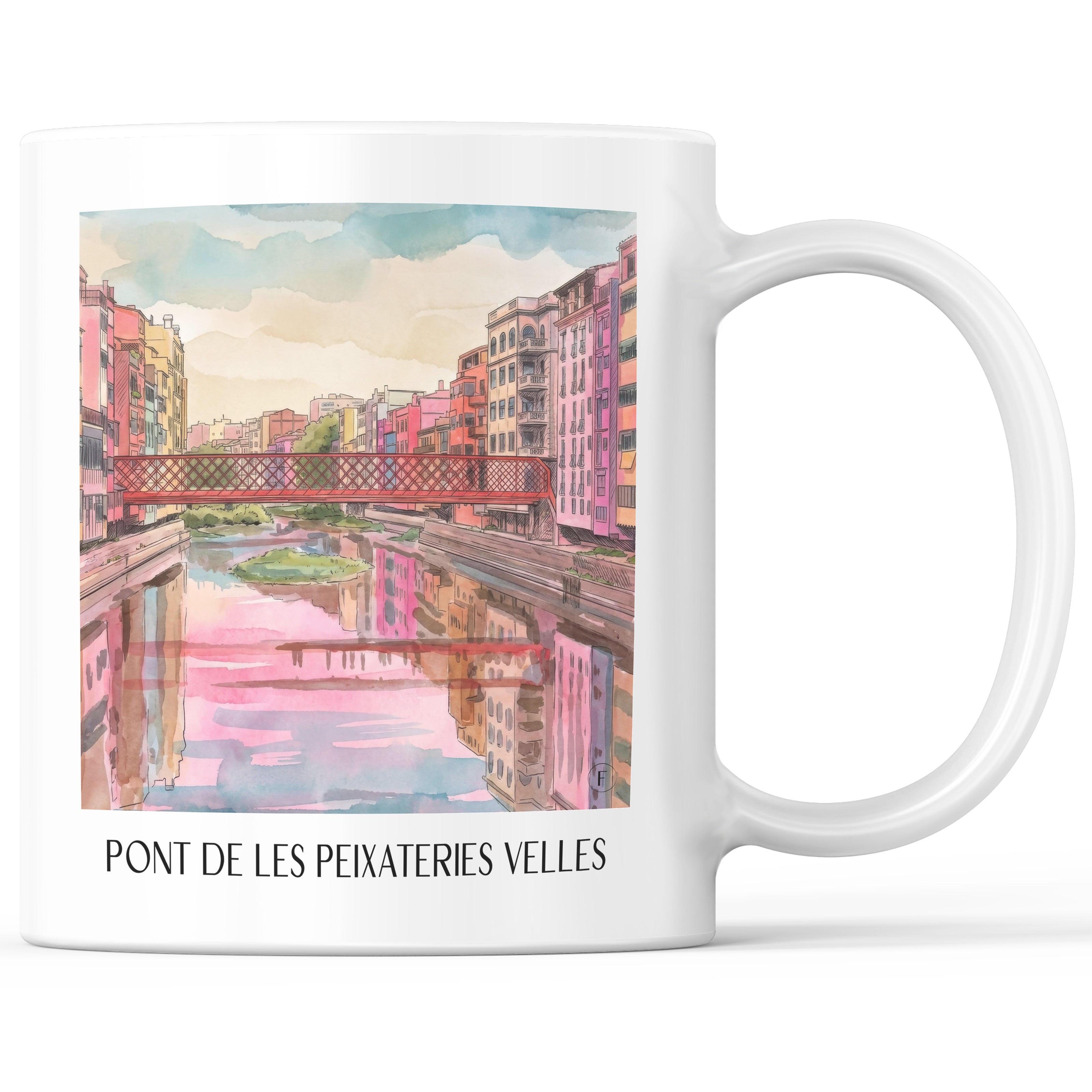 Pont de les Peixateries Velles Kaffeebecher - Girona - Spanien Becher - Kaffeetasse im Aquarell Pink Stil - favplace
