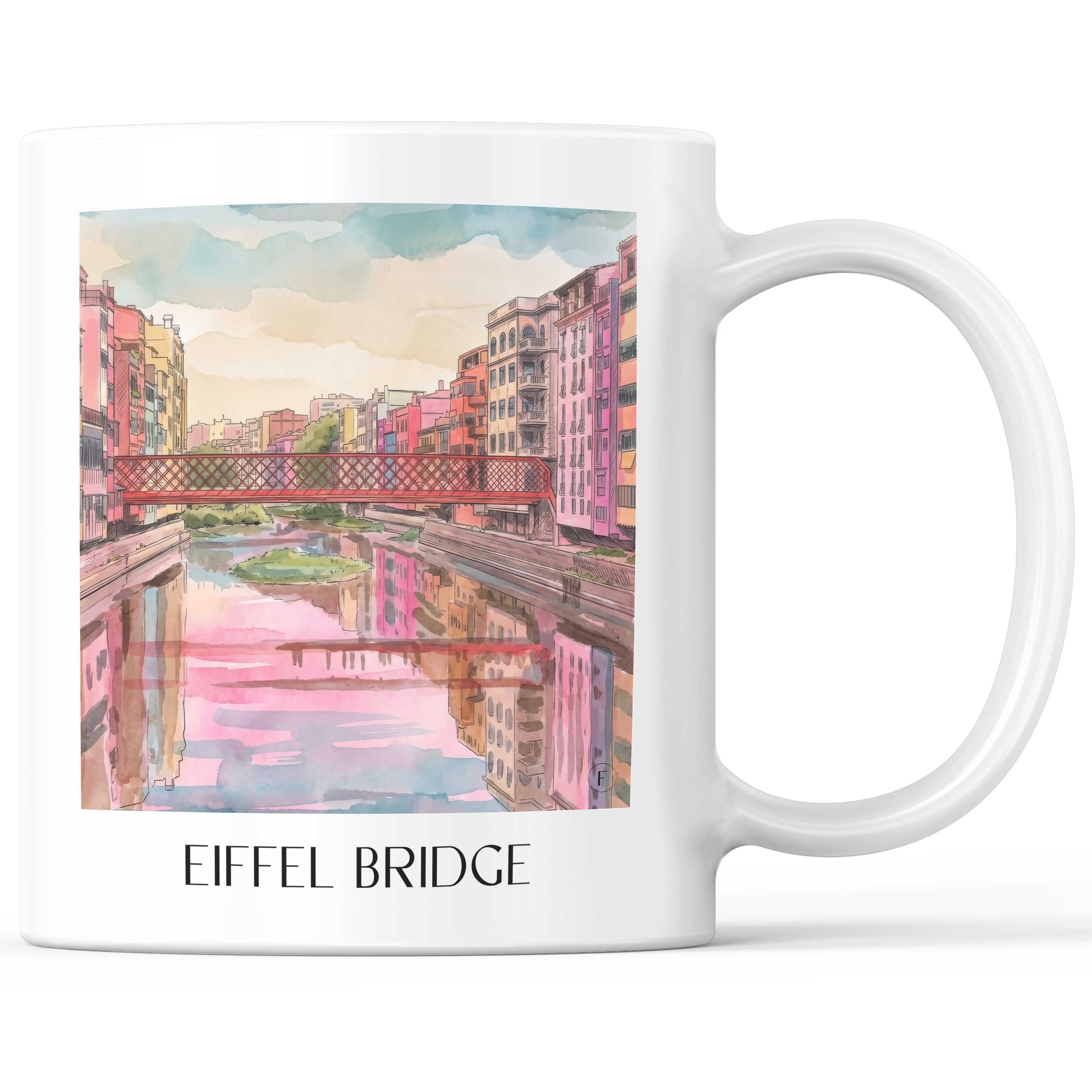 Pont de les Peixateries Velles Kaffeebecher - Girona - Spanien Becher - Kaffeetasse im Aquarell Pink Stil - favplace