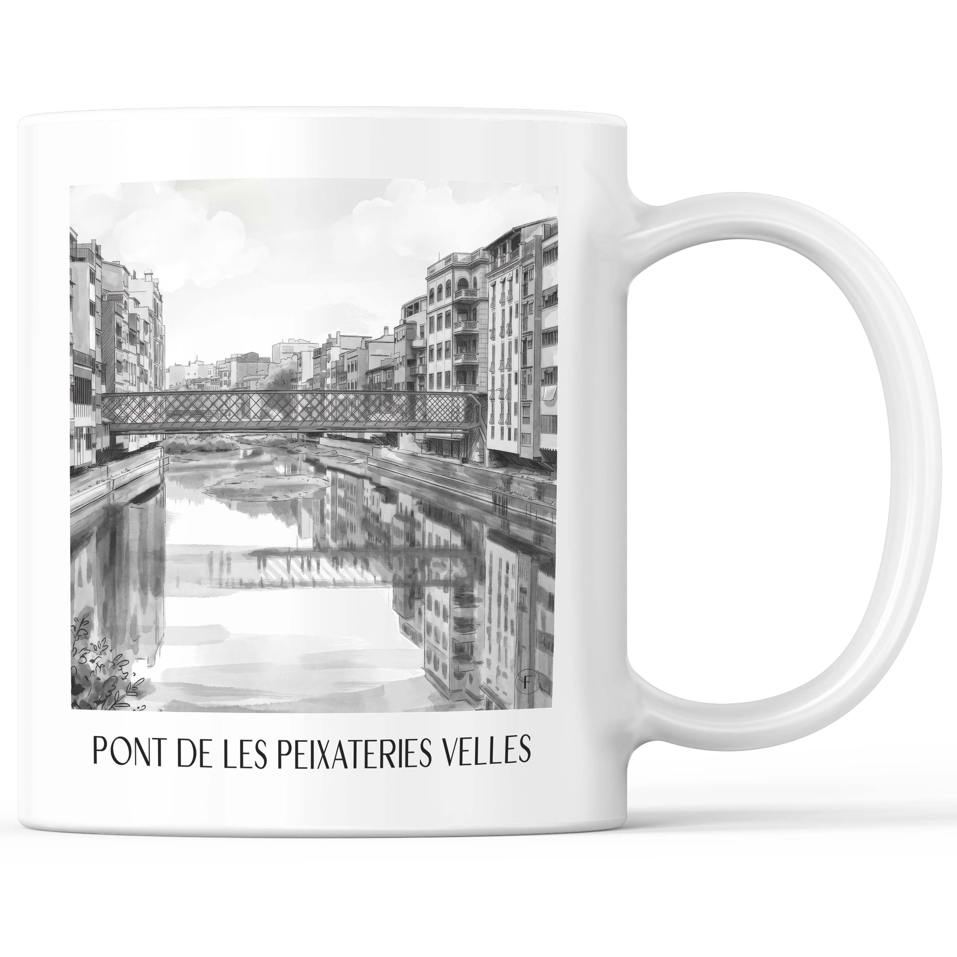 Pont de les Peixateries Velles Kaffeebecher - Girona - Spanien Becher - Kaffeetasse im Aquarell Schwarz-Weiß Stil - favplace