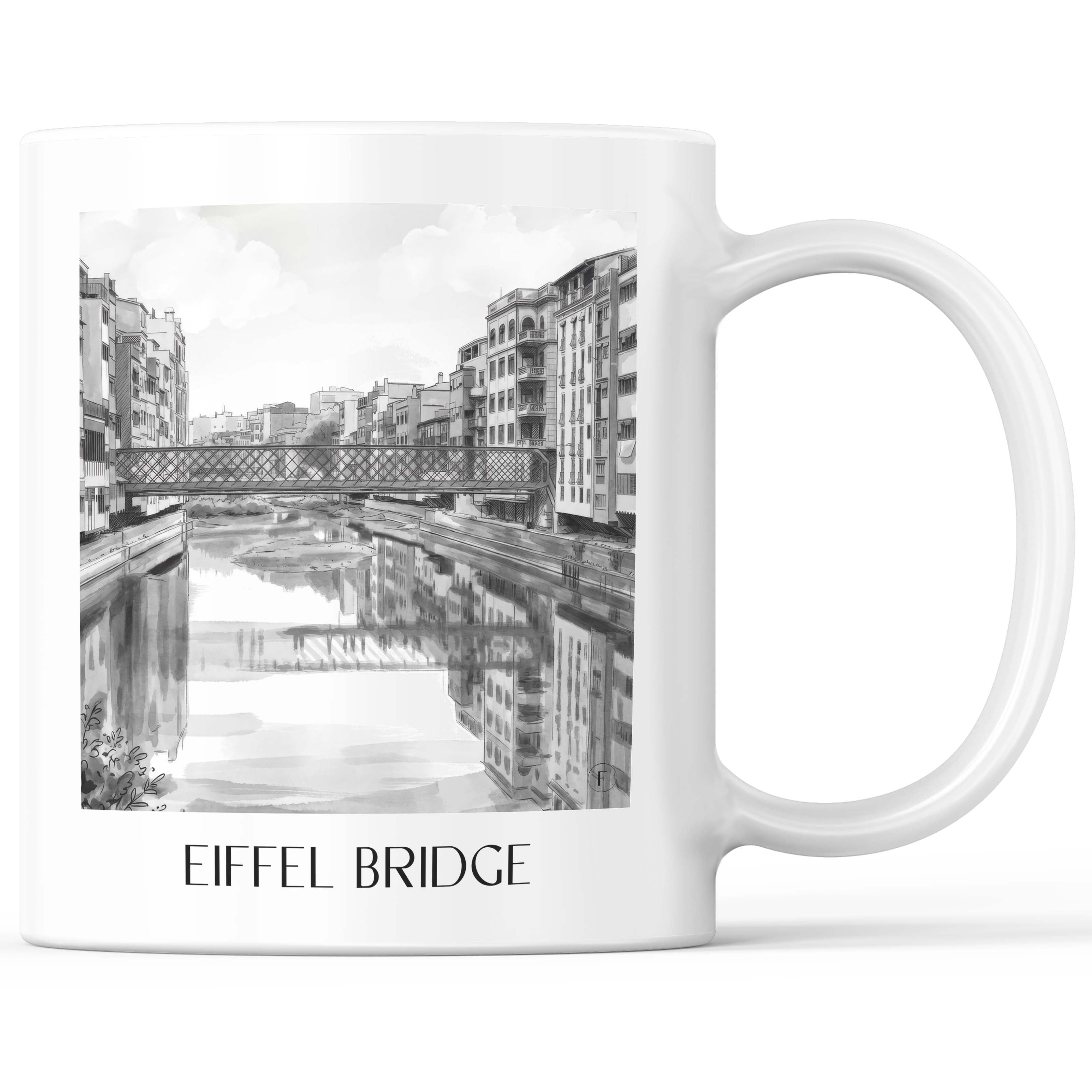 Pont de les Peixateries Velles Kaffeebecher - Girona - Spanien Becher - Kaffeetasse im Aquarell Schwarz-Weiß Stil - favplace